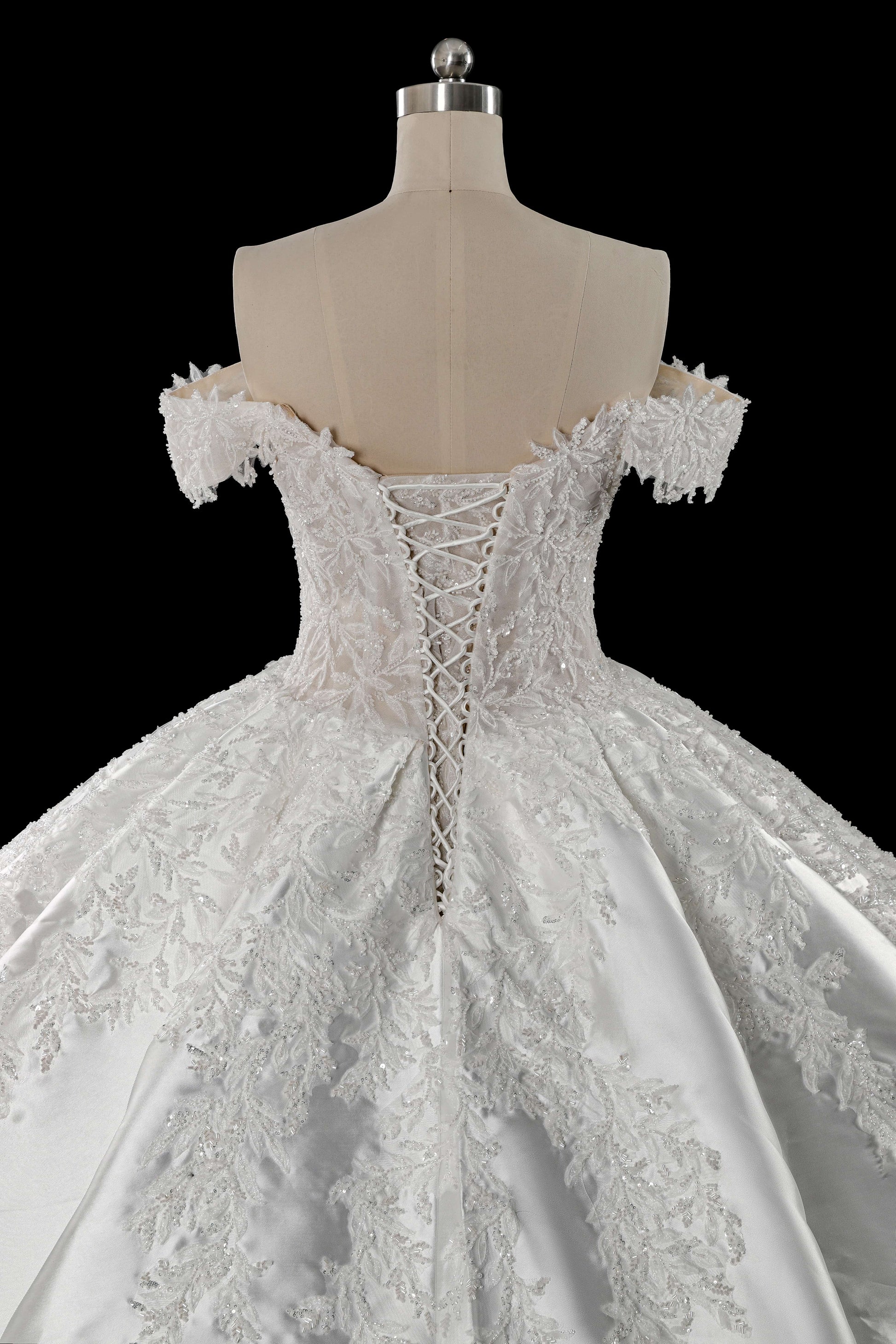Off-the-Shoulder Satin Ball Gown Wedding Dress with Lace Appliques & Corset Back SW701 Sheer Fairy