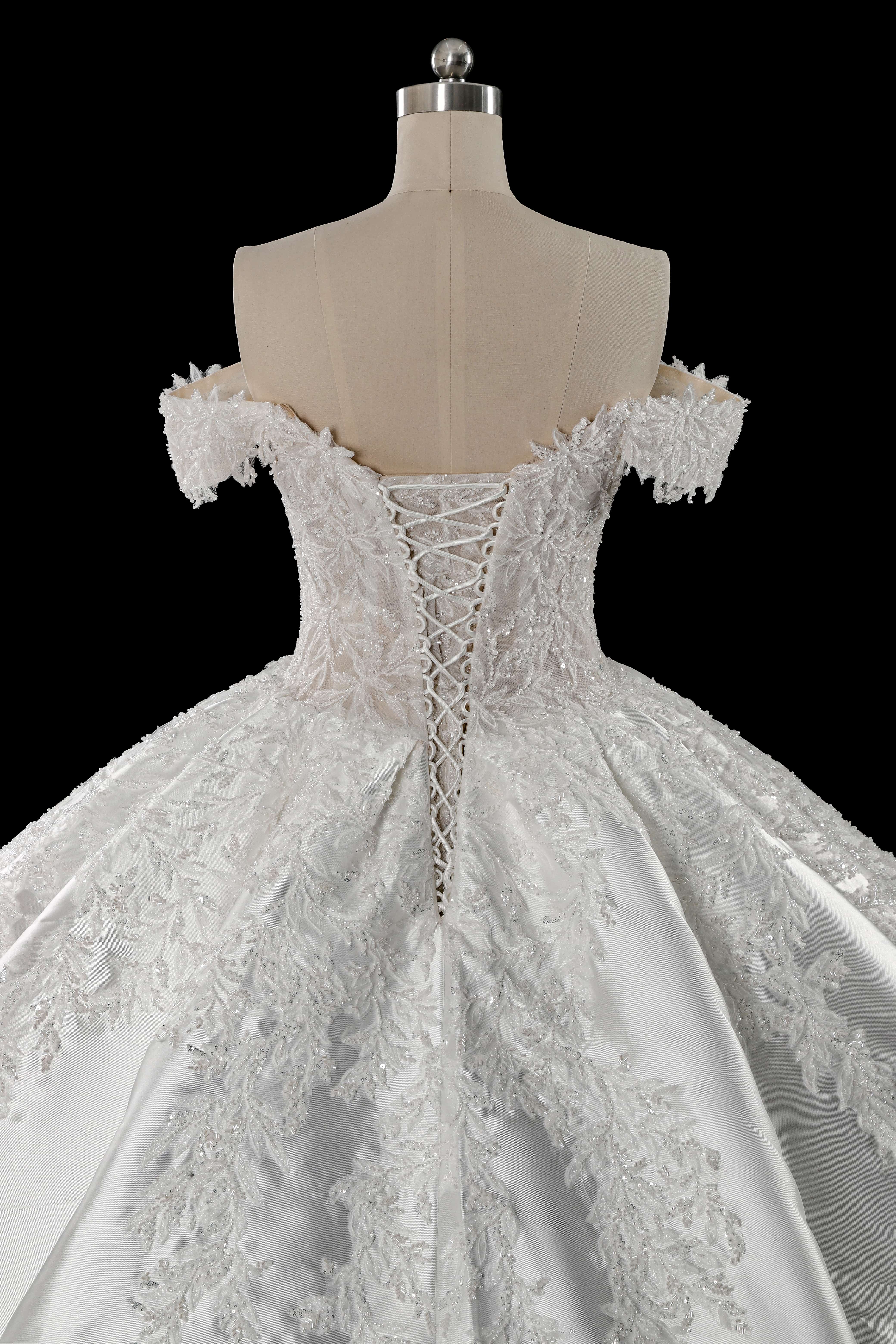 Off-the-Shoulder Satin Ball Gown Wedding Dress with Lace Appliques & Corset Back SW701 Sheer Fairy