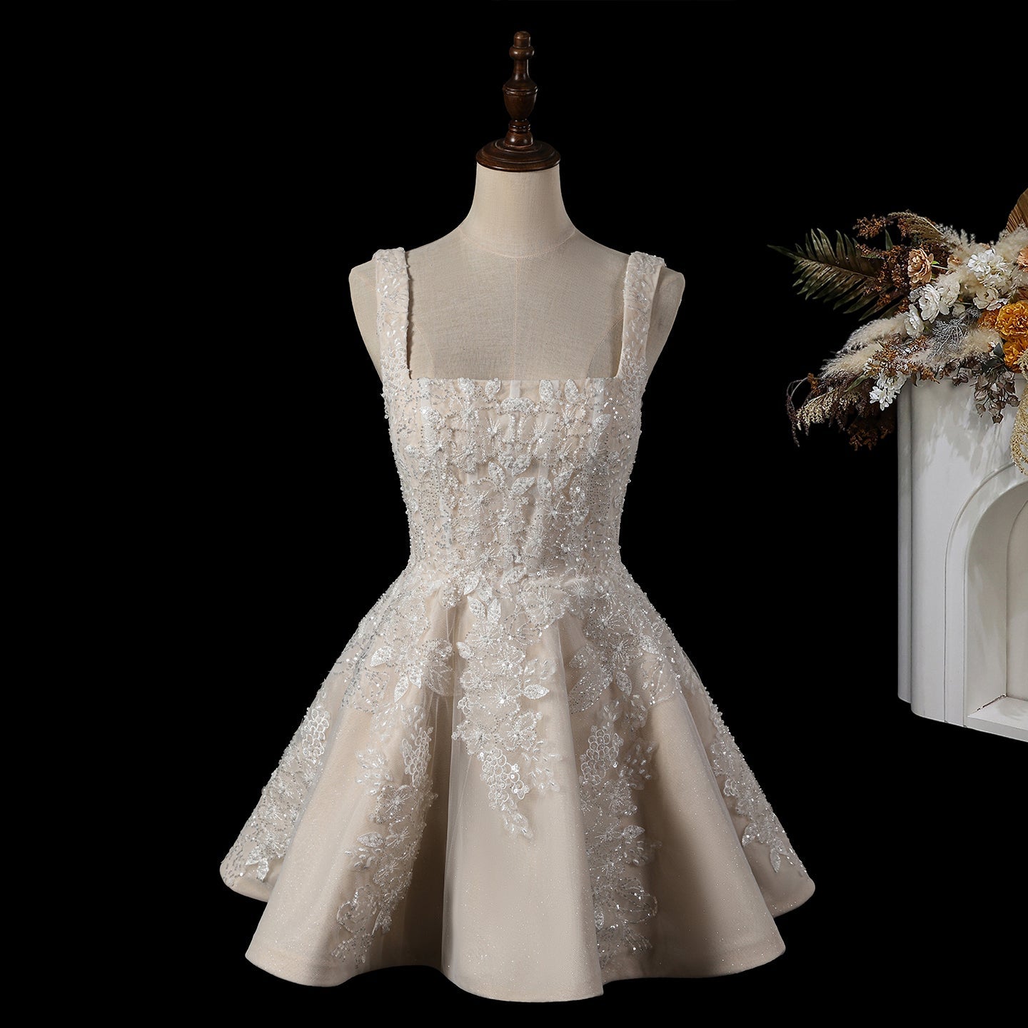 Romantic Floral Lace Wedding Dress with Tulle Skirt SW725 Sheer Fairy