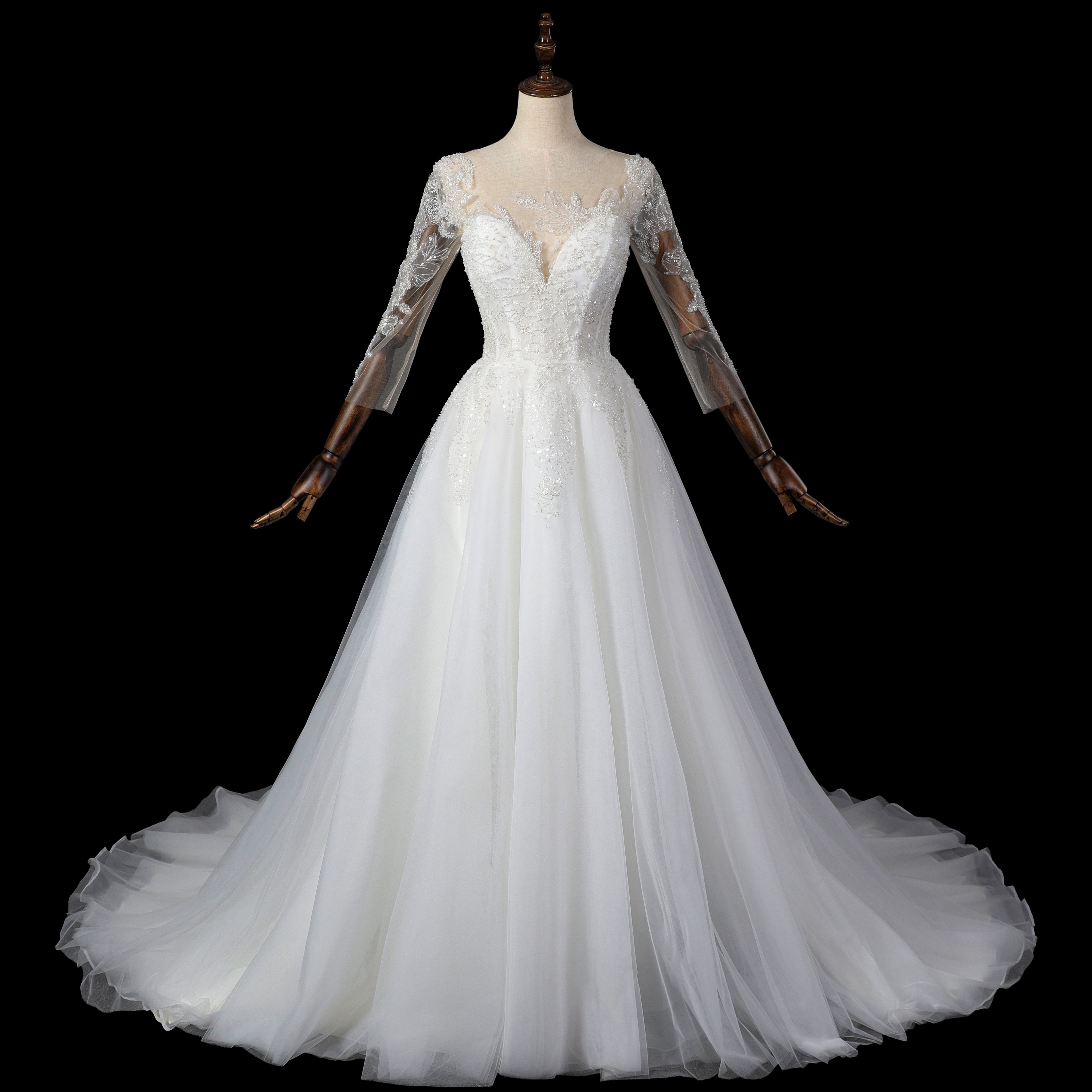 Illusion Neck Long Sleeve Lace A-Line Wedding Dress with Corset Lace-Up Back & Train SW709 Sheer Fairy