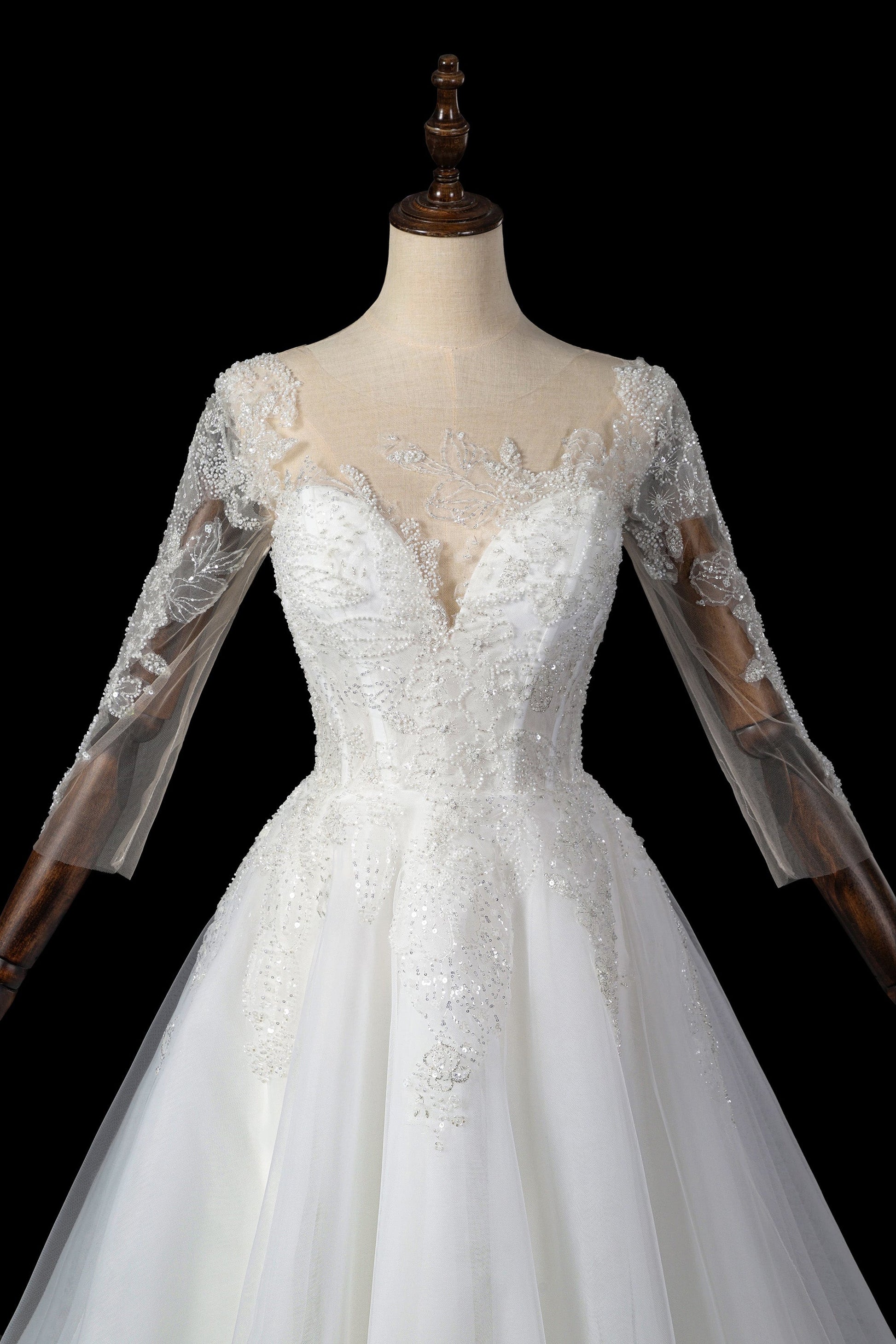 Illusion Neck Long Sleeve Lace A-Line Wedding Dress with Corset Lace-Up Back & Train SW709 Sheer Fairy
