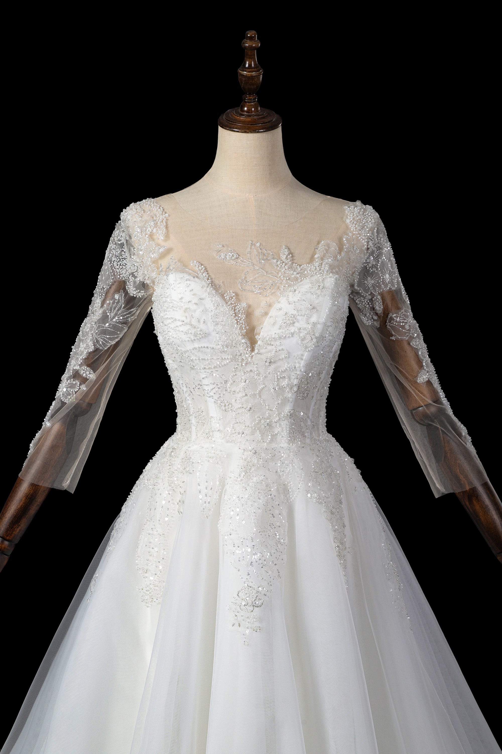 Illusion Neck Long Sleeve Lace A-Line Wedding Dress with Corset Lace-Up Back & Train SW709 Sheer Fairy