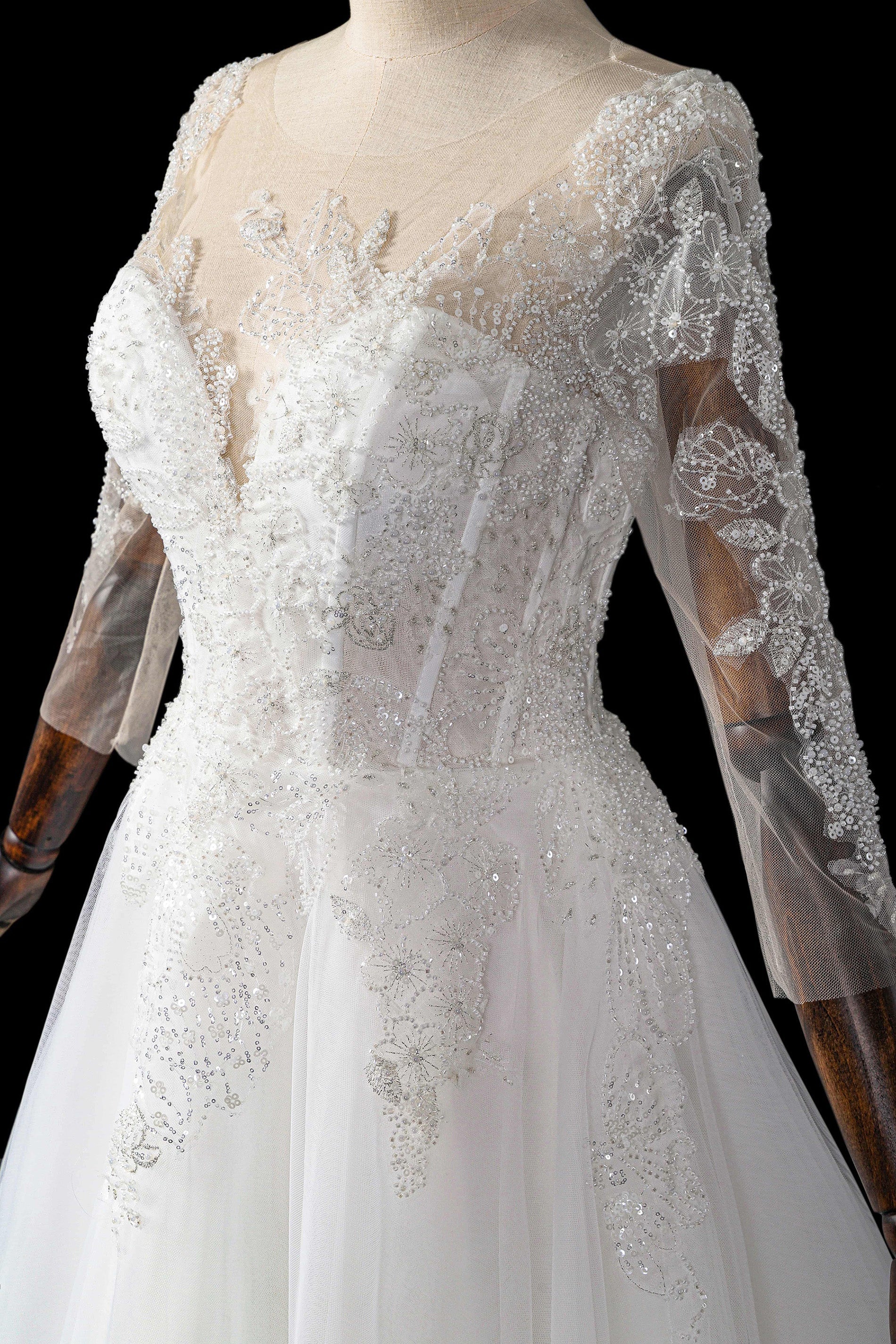 Illusion Neck Long Sleeve Lace A-Line Wedding Dress with Corset Lace-Up Back & Train SW709 Sheer Fairy