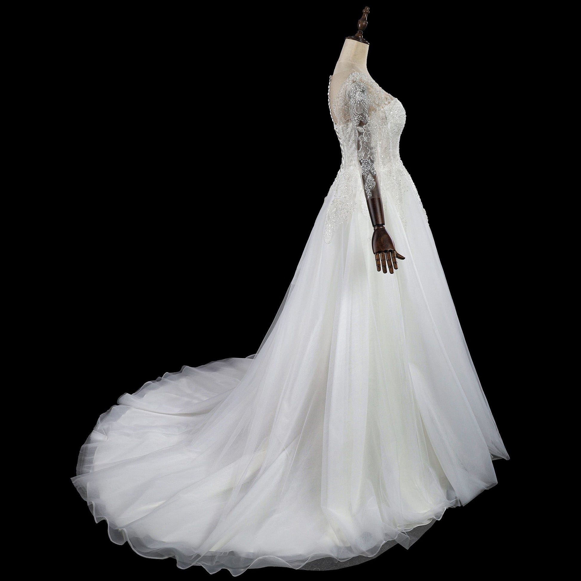 Illusion Neck Long Sleeve Lace A-Line Wedding Dress with Corset Lace-Up Back & Train SW709 Sheer Fairy