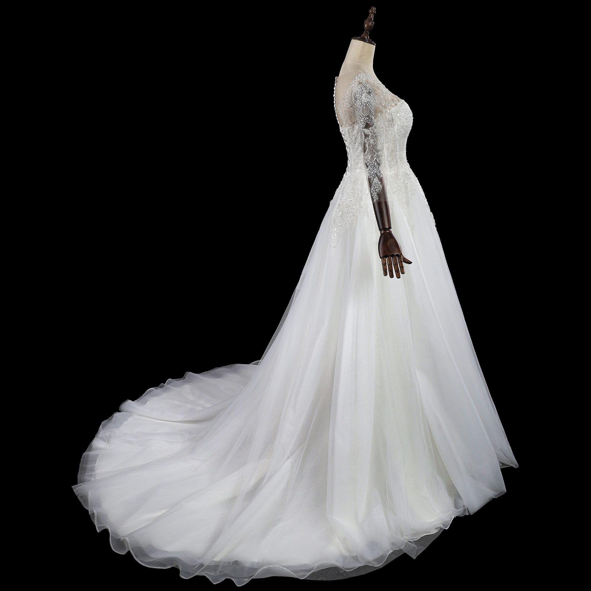 Illusion Neck Long Sleeve Lace A-Line Wedding Dress with Corset Lace-Up Back & Train SW709 Sheer Fairy