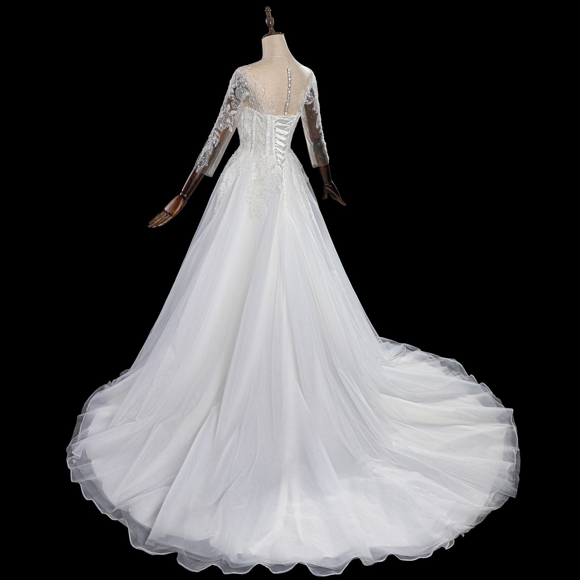 Illusion Neck Long Sleeve Lace A-Line Wedding Dress with Corset Lace-Up Back & Train SW709 Sheer Fairy
