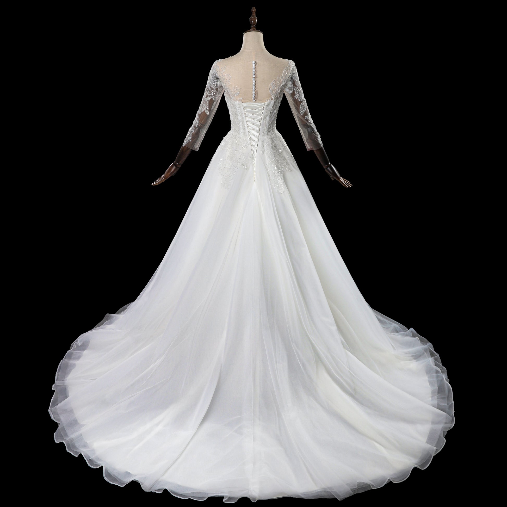 Illusion Neck Long Sleeve Lace A-Line Wedding Dress with Corset Lace-Up Back & Train SW709 Sheer Fairy