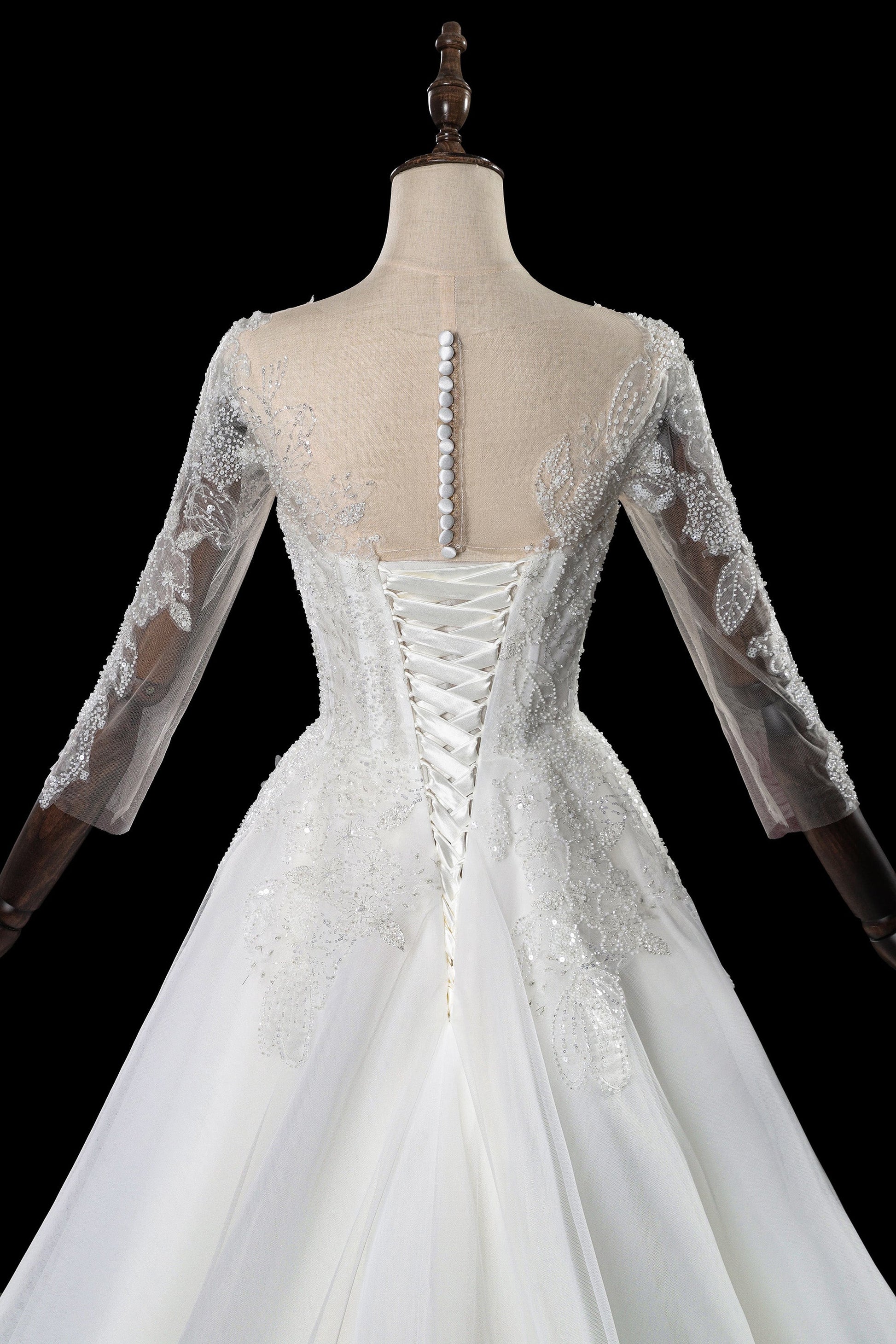 Illusion Neck Long Sleeve Lace A-Line Wedding Dress with Corset Lace-Up Back & Train SW709 Sheer Fairy