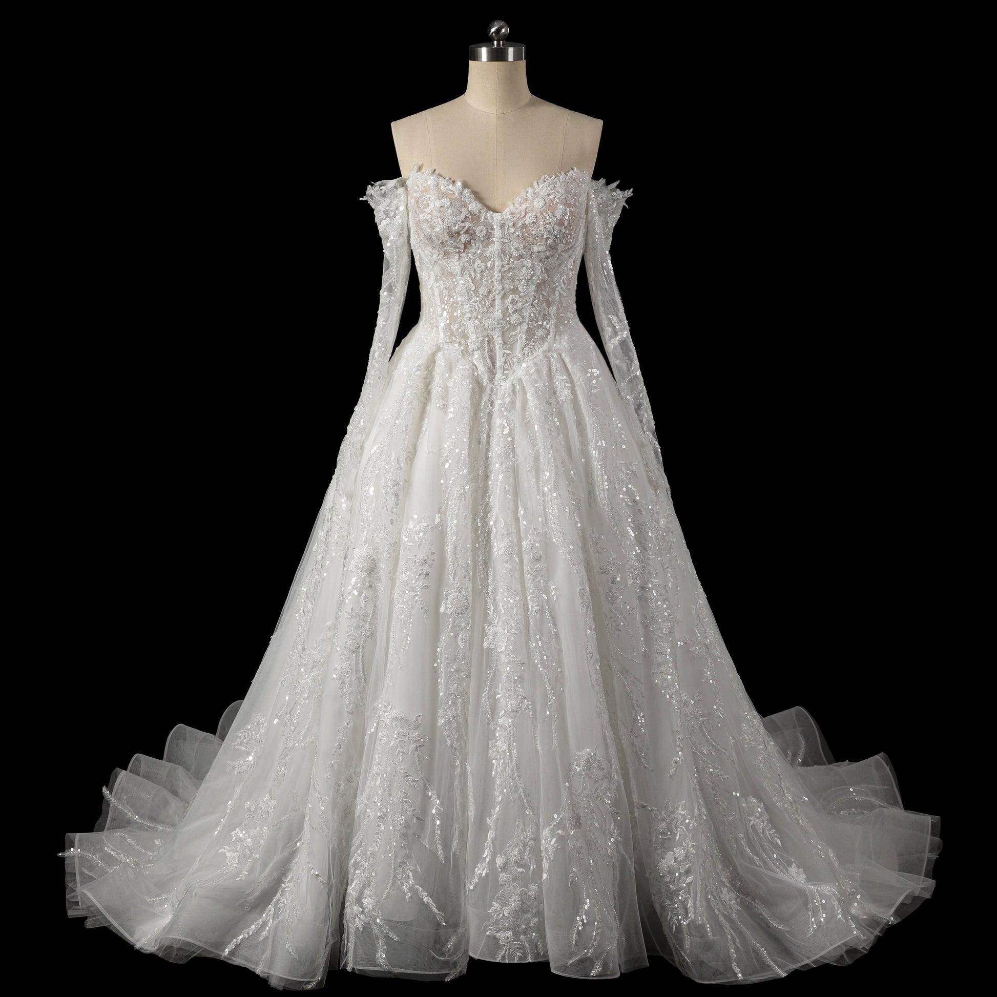 Elegant Off-Shoulder Sequin Lace Wedding Dress with Voluminous Tulle Skirt SW702 Sheer Fairy