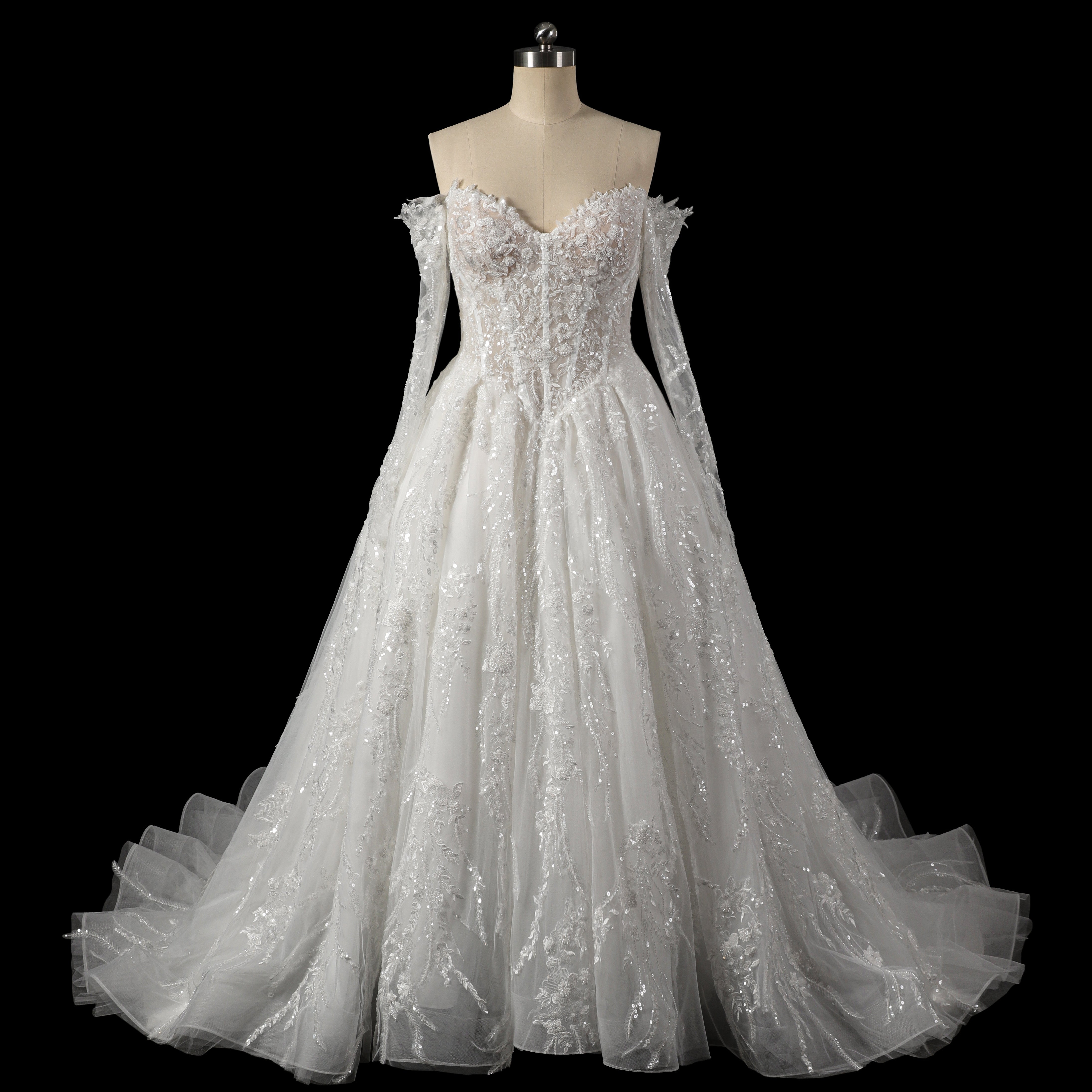 Elegant Off-Shoulder Sequin Lace Wedding Dress with Voluminous Tulle Skirt SW702 Sheer Fairy