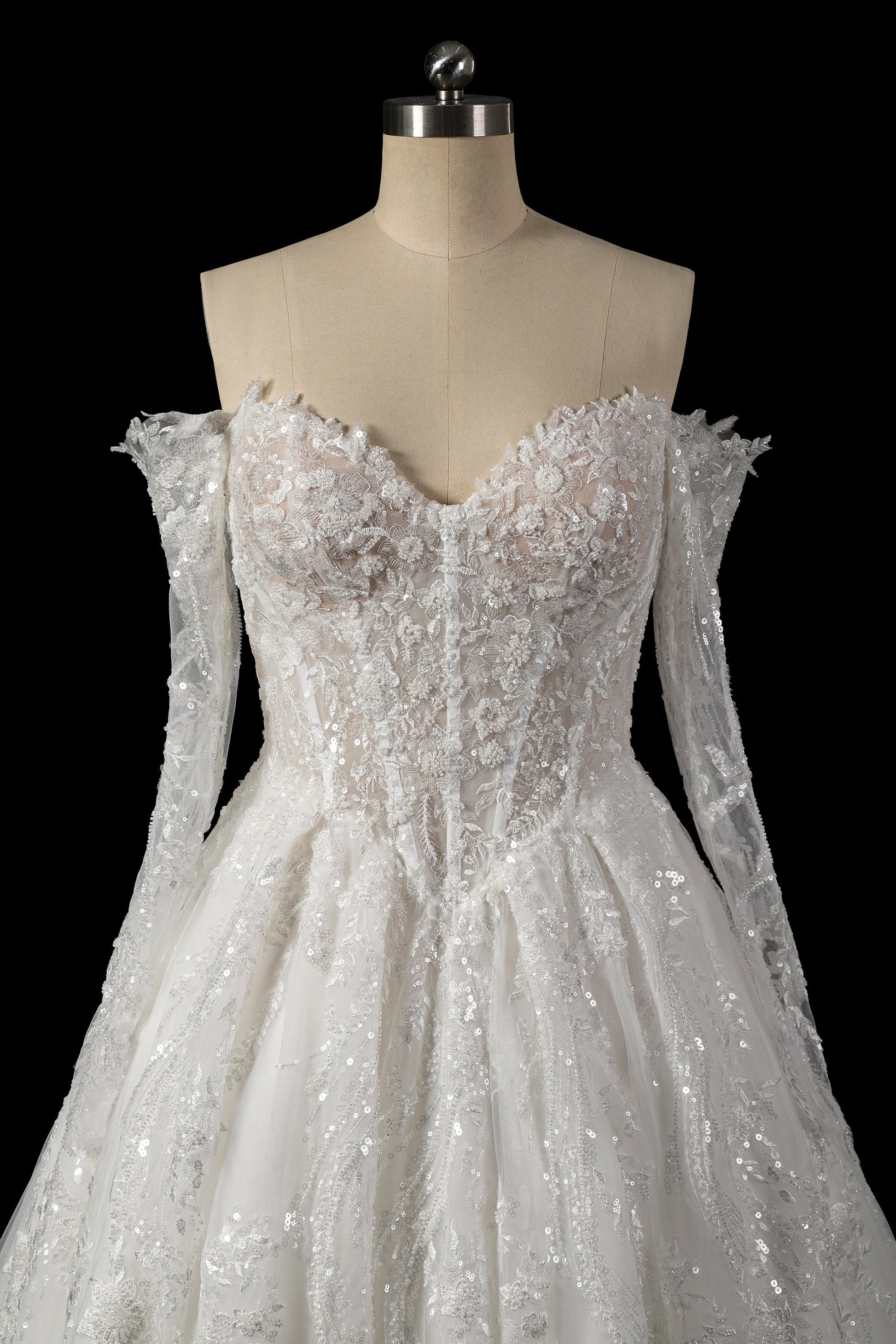 Elegant Off-Shoulder Sequin Lace Wedding Dress with Voluminous Tulle Skirt SW702 Sheer Fairy