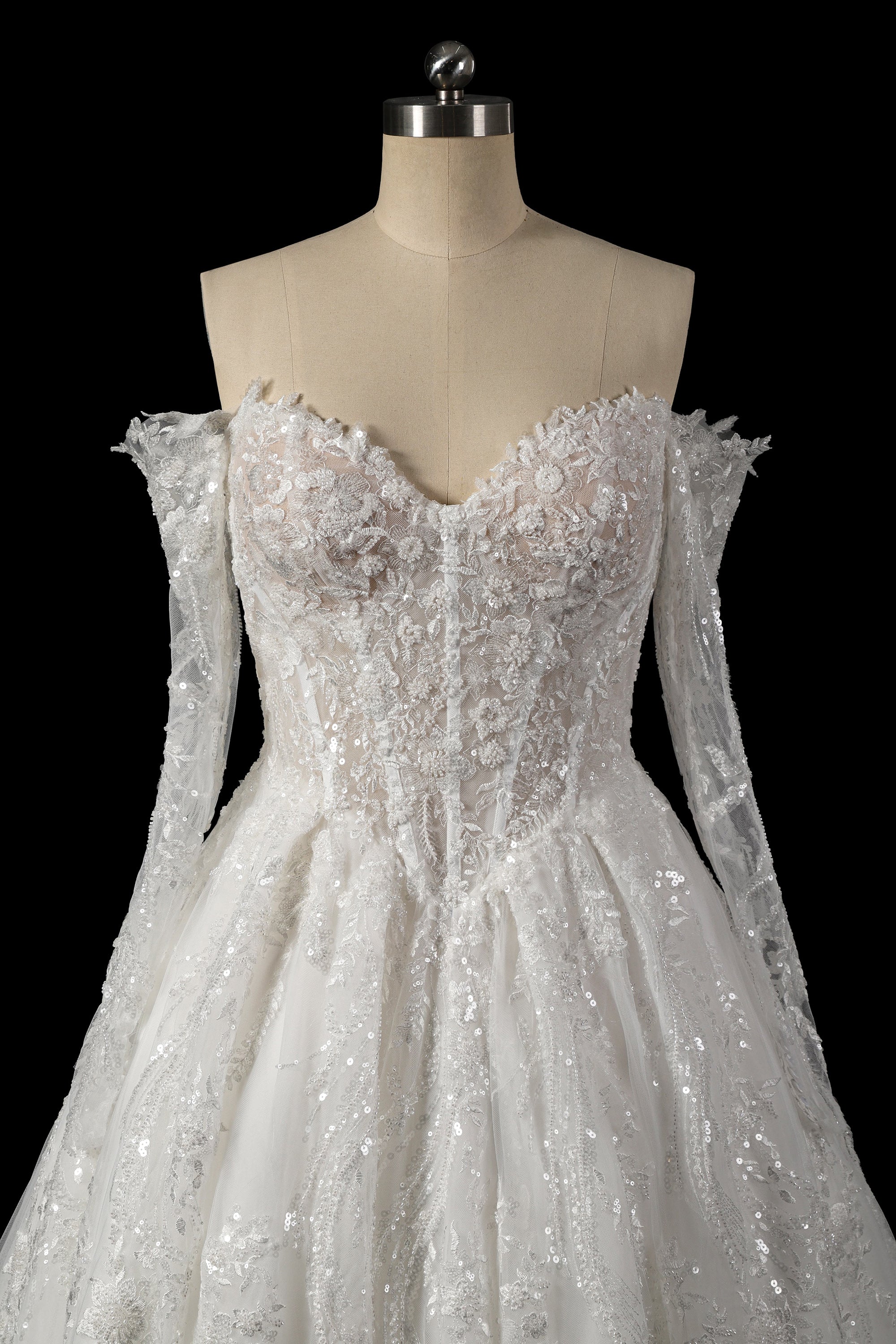 Elegant Off-Shoulder Sequin Lace Wedding Dress with Voluminous Tulle Skirt SW702 Sheer Fairy