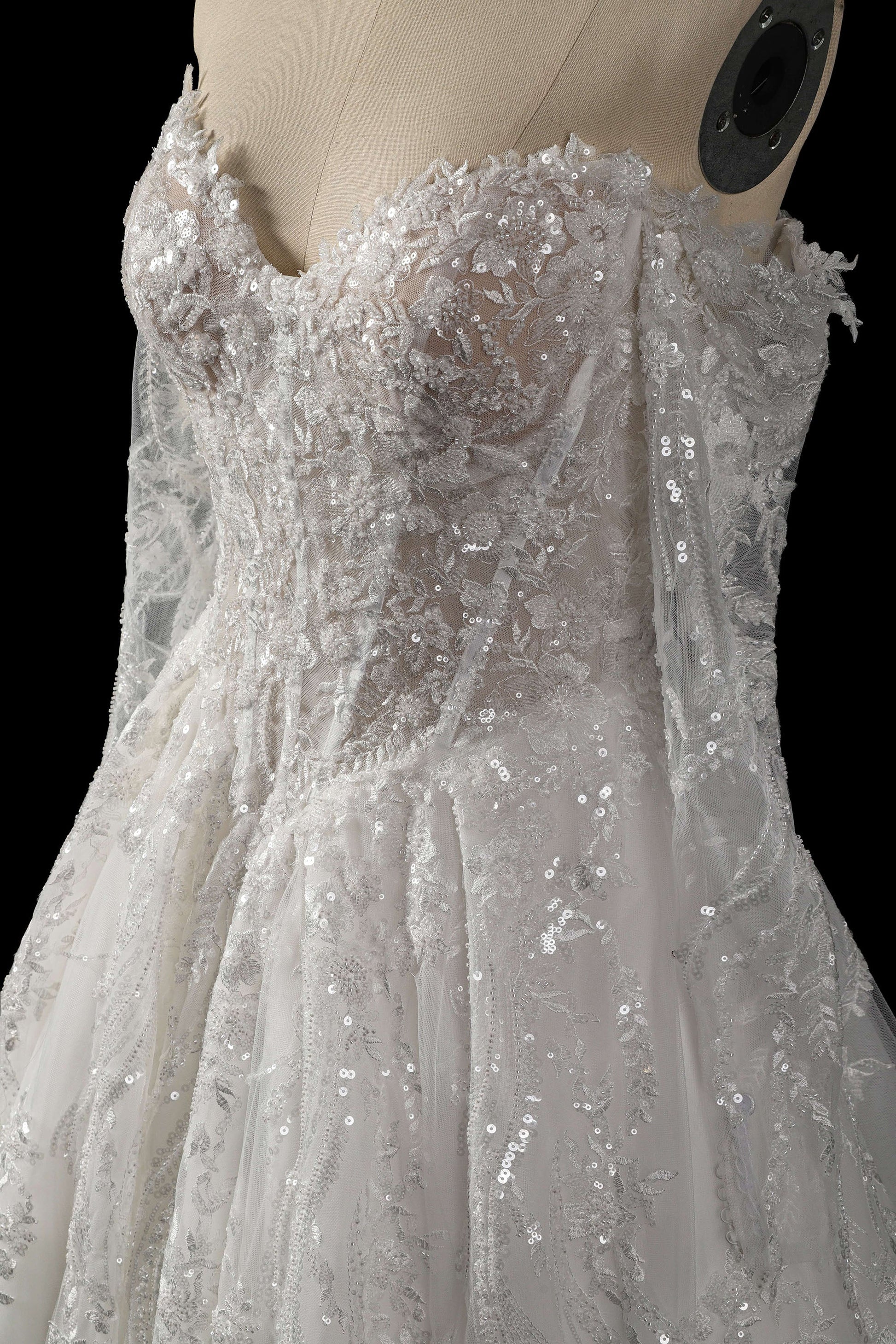 Elegant Off-Shoulder Sequin Lace Wedding Dress with Voluminous Tulle Skirt SW702 Sheer Fairy