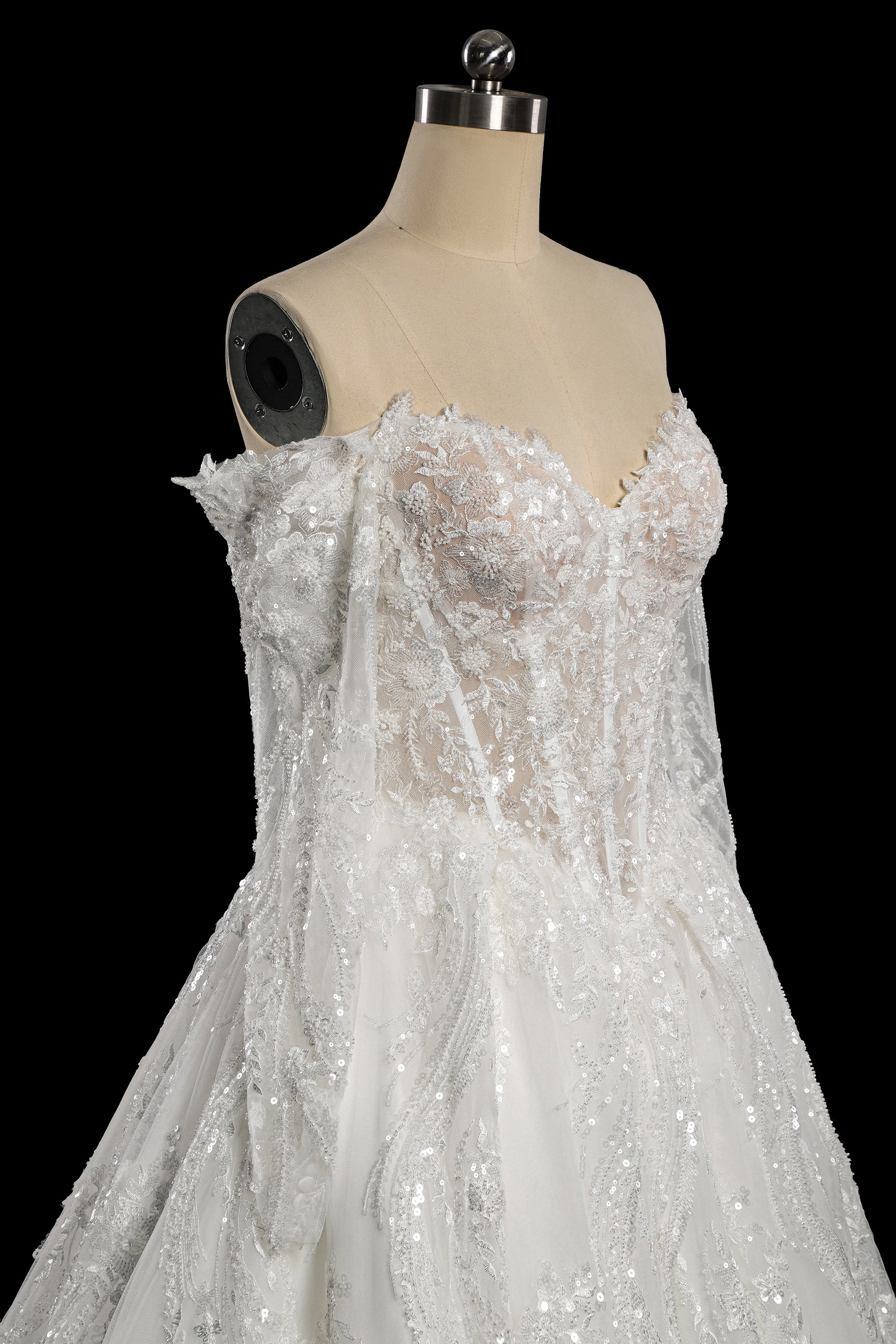 Elegant Off-Shoulder Sequin Lace Wedding Dress with Voluminous Tulle Skirt SW702 Sheer Fairy
