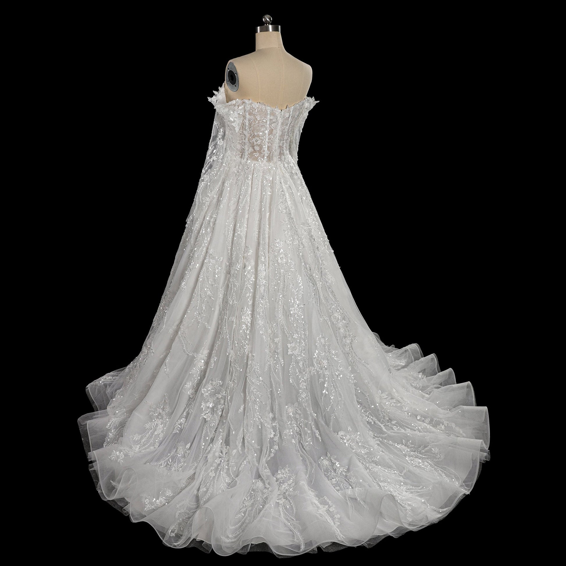 Elegant Off-Shoulder Sequin Lace Wedding Dress with Voluminous Tulle Skirt SW702 Sheer Fairy