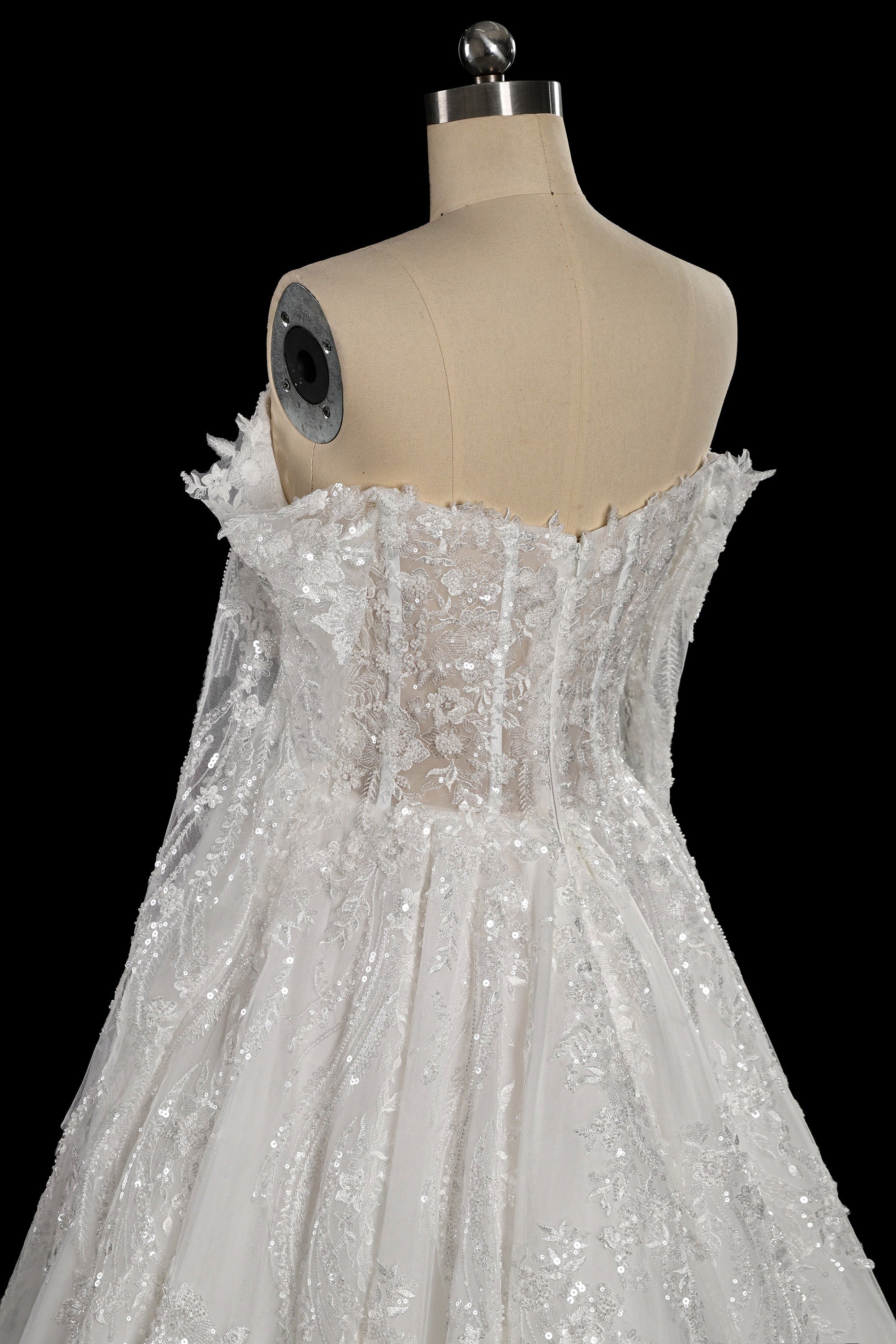 Elegant Off-Shoulder Sequin Lace Wedding Dress with Voluminous Tulle Skirt SW702 Sheer Fairy