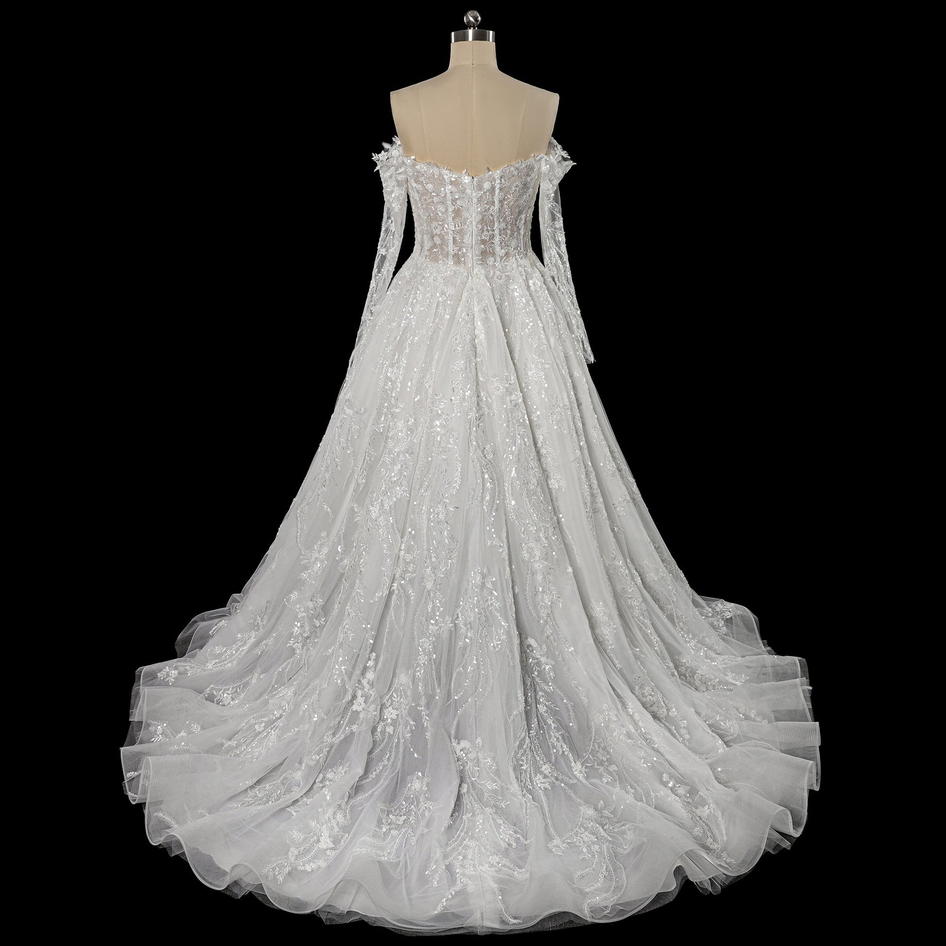 Elegant Off-Shoulder Sequin Lace Wedding Dress with Voluminous Tulle Skirt SW702 Sheer Fairy