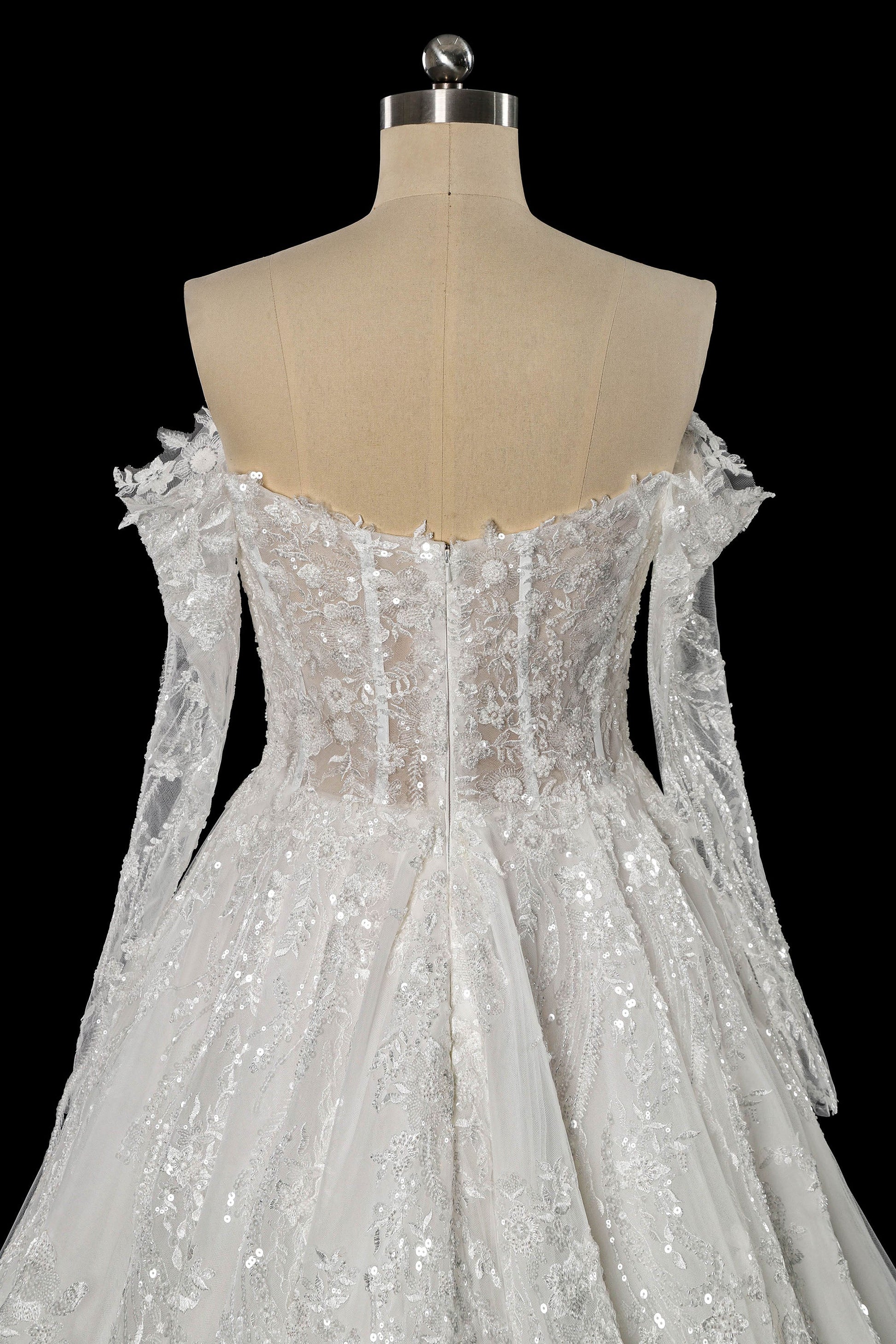 Elegant Off-Shoulder Sequin Lace Wedding Dress with Voluminous Tulle Skirt SW702 Sheer Fairy