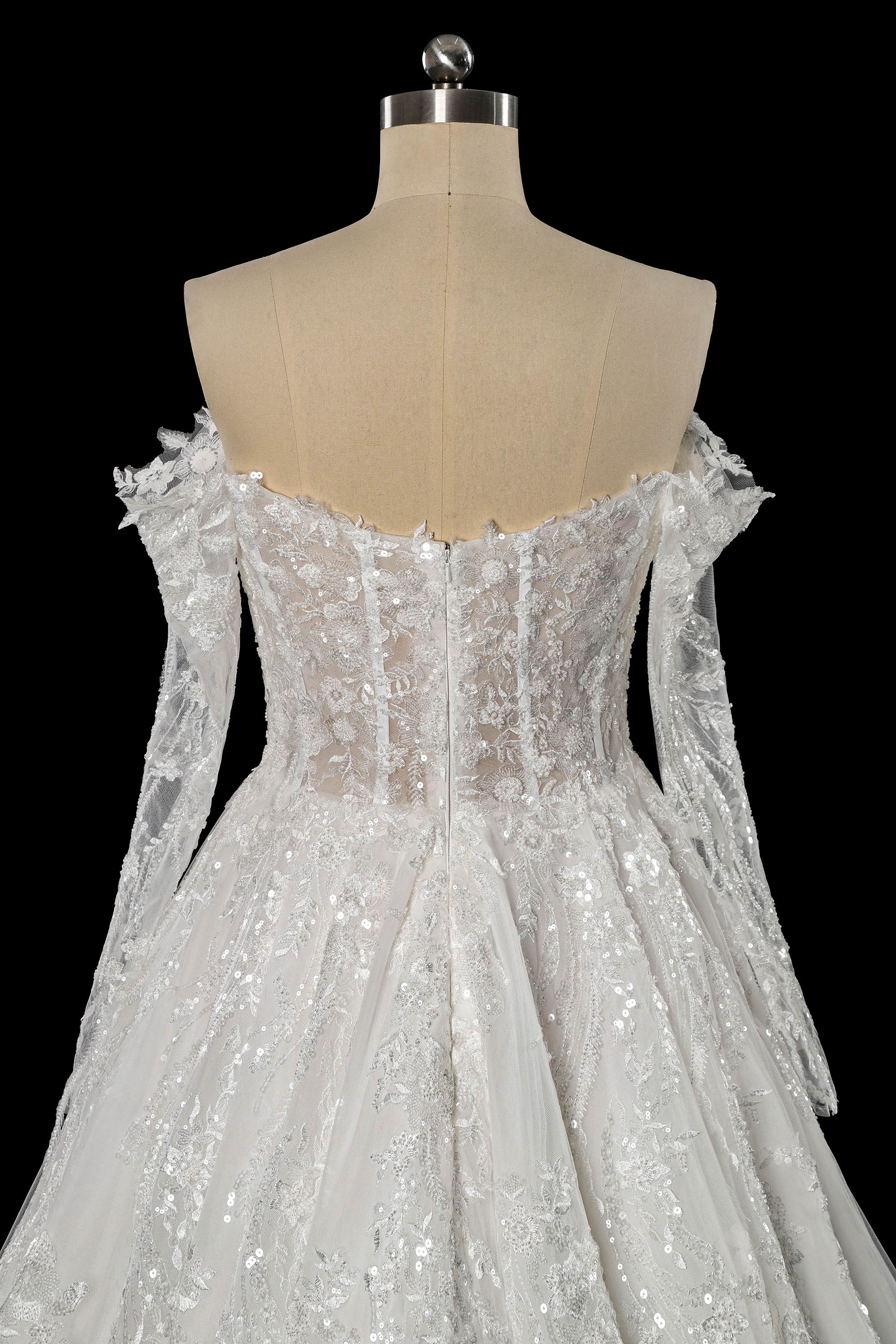 Elegant Off-Shoulder Sequin Lace Wedding Dress with Voluminous Tulle Skirt SW702 Sheer Fairy