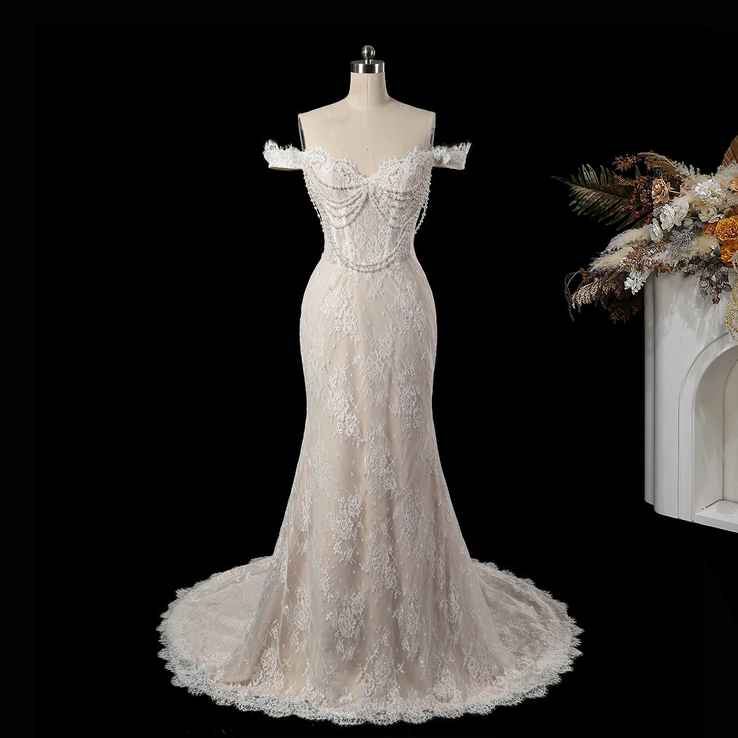 White Beaded Mermaid Wedding Dress with Detachable Train SW177 Sheer Fairy