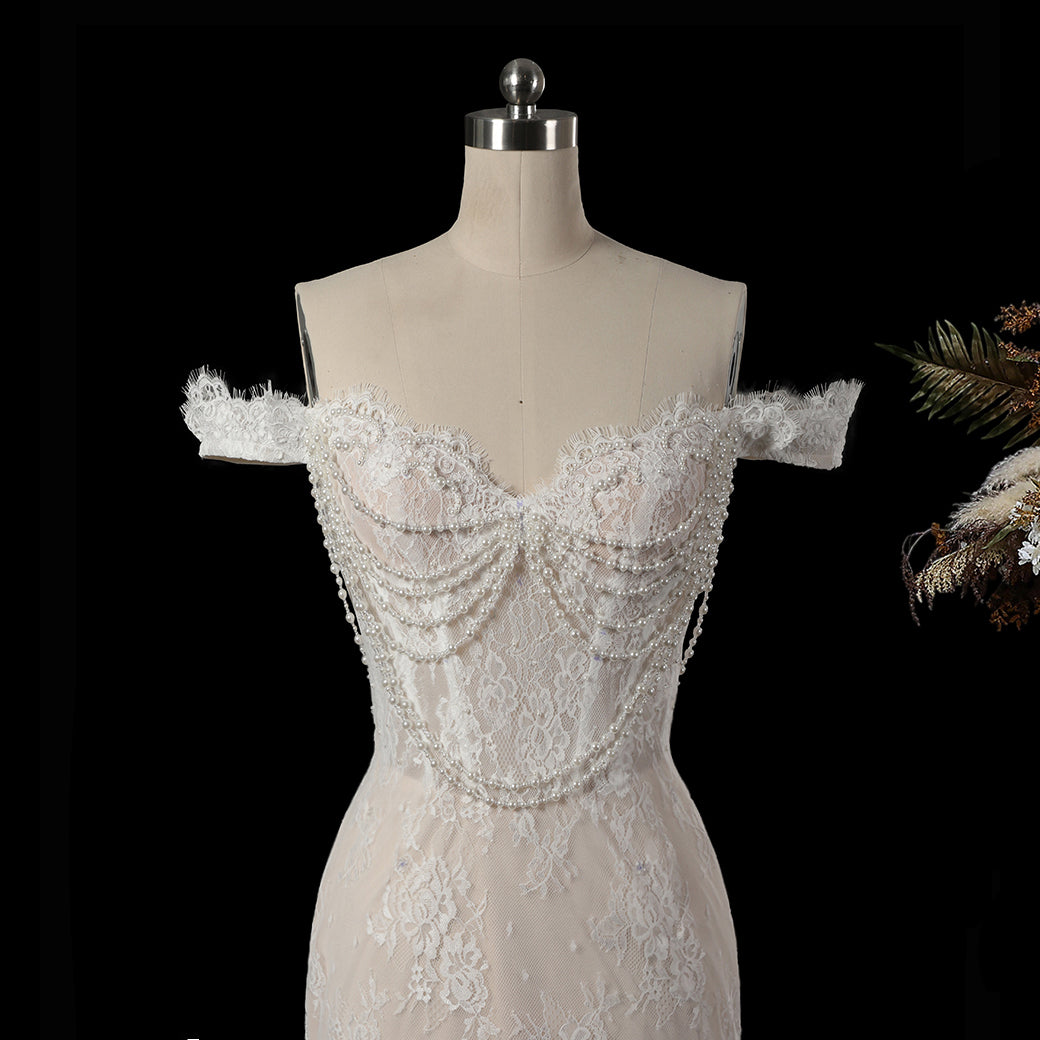 White Beaded Mermaid Wedding Dress with Detachable Train SW177 Sheer Fairy