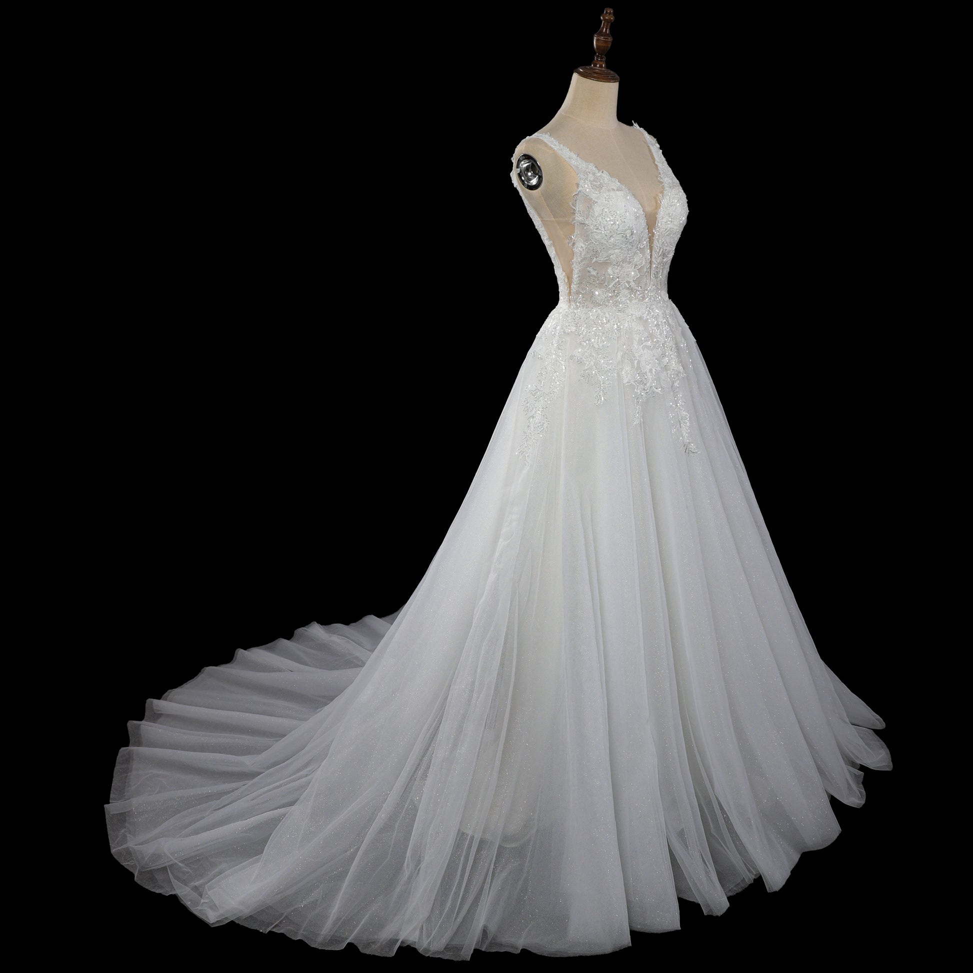 Dreamy Sparkly Tulle Wedding Dress with Lace Appliqués and Corset Closure SW710 Sheer Fairy
