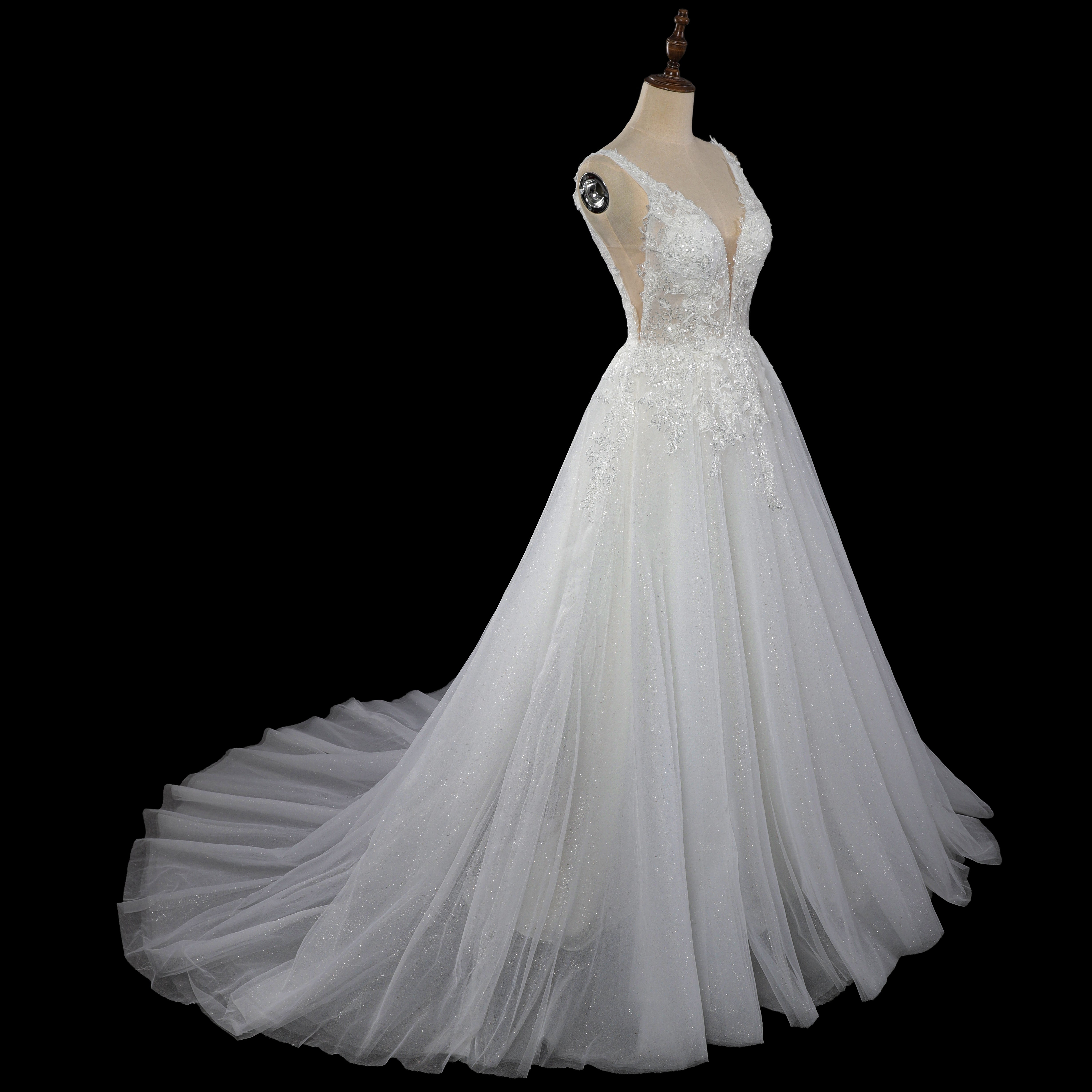 Dreamy Sparkly Tulle Wedding Dress with Lace Appliqués and Corset Closure SW710 Sheer Fairy