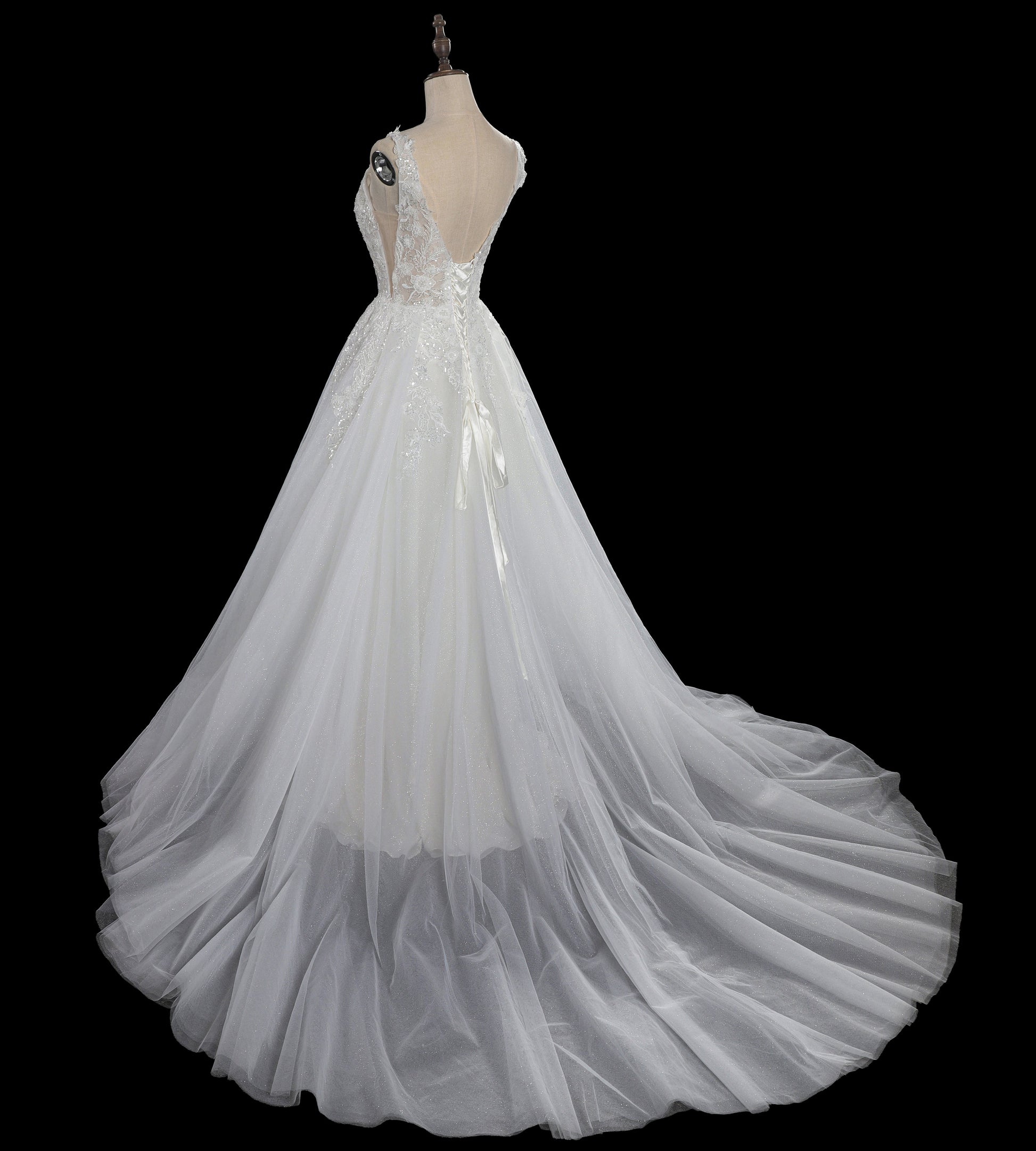 Dreamy Sparkly Tulle Wedding Dress with Lace Appliqués and Corset Closure SW710 Sheer Fairy