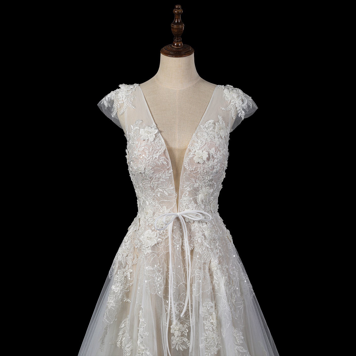 Luxury Lace A-Line Wedding Dress with V-Neck and Deep Illusion Back SW711 Sheer Fairy
