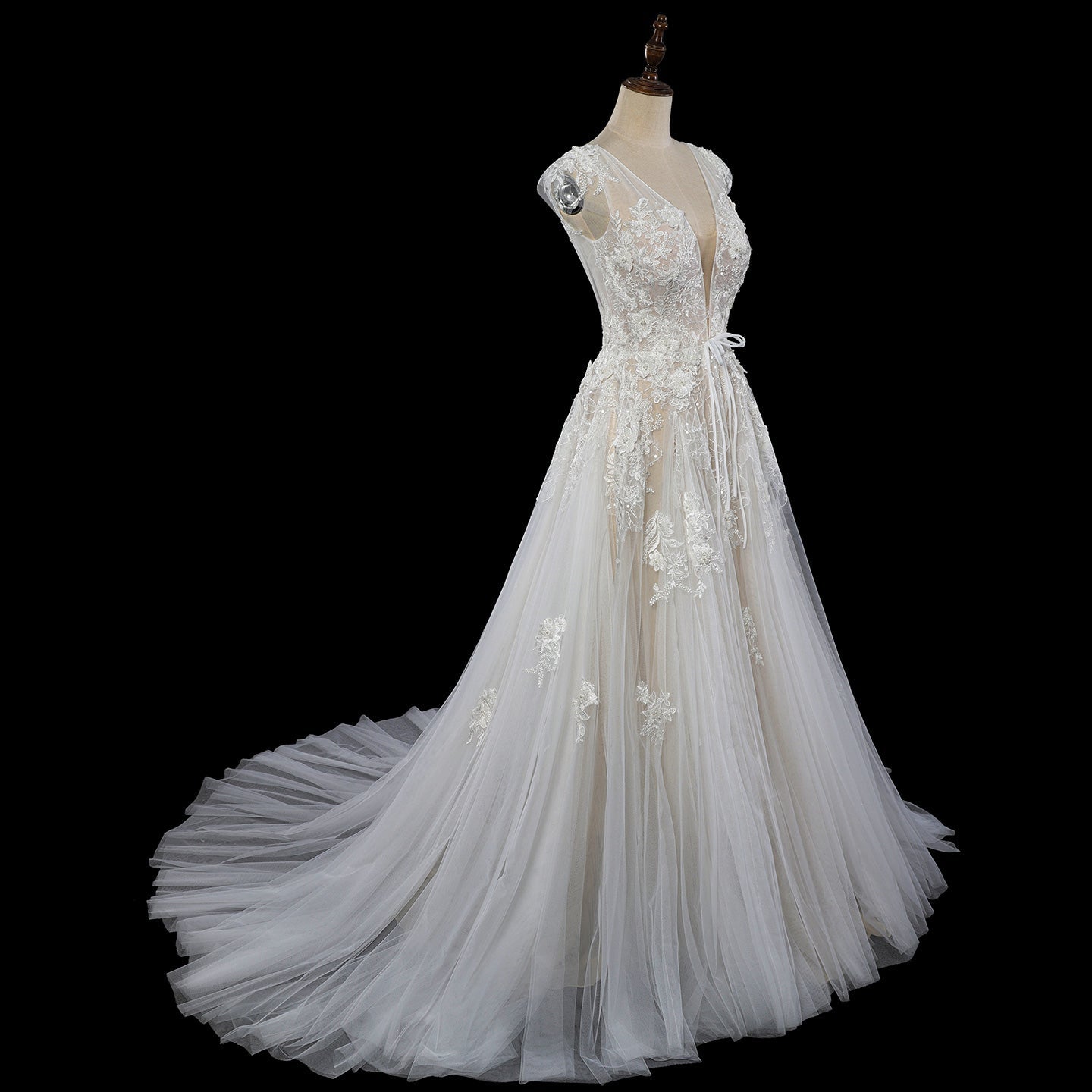 Luxury Lace A-Line Wedding Dress with V-Neck and Deep Illusion Back SW711 Sheer Fairy