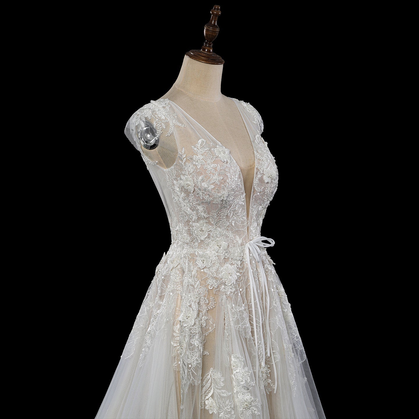 Luxury Lace A-Line Wedding Dress with V-Neck and Deep Illusion Back SW711 Sheer Fairy