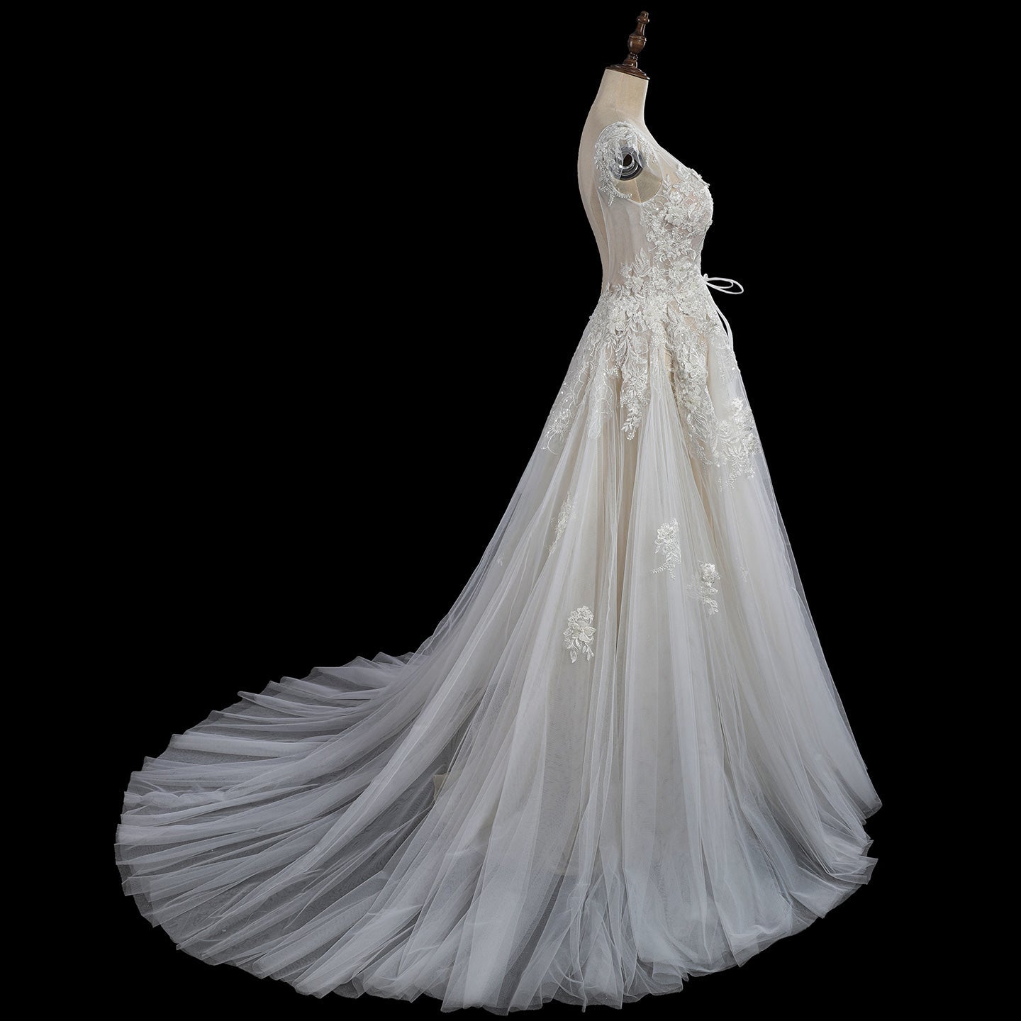 Luxury Lace A-Line Wedding Dress with V-Neck and Deep Illusion Back SW711 Sheer Fairy