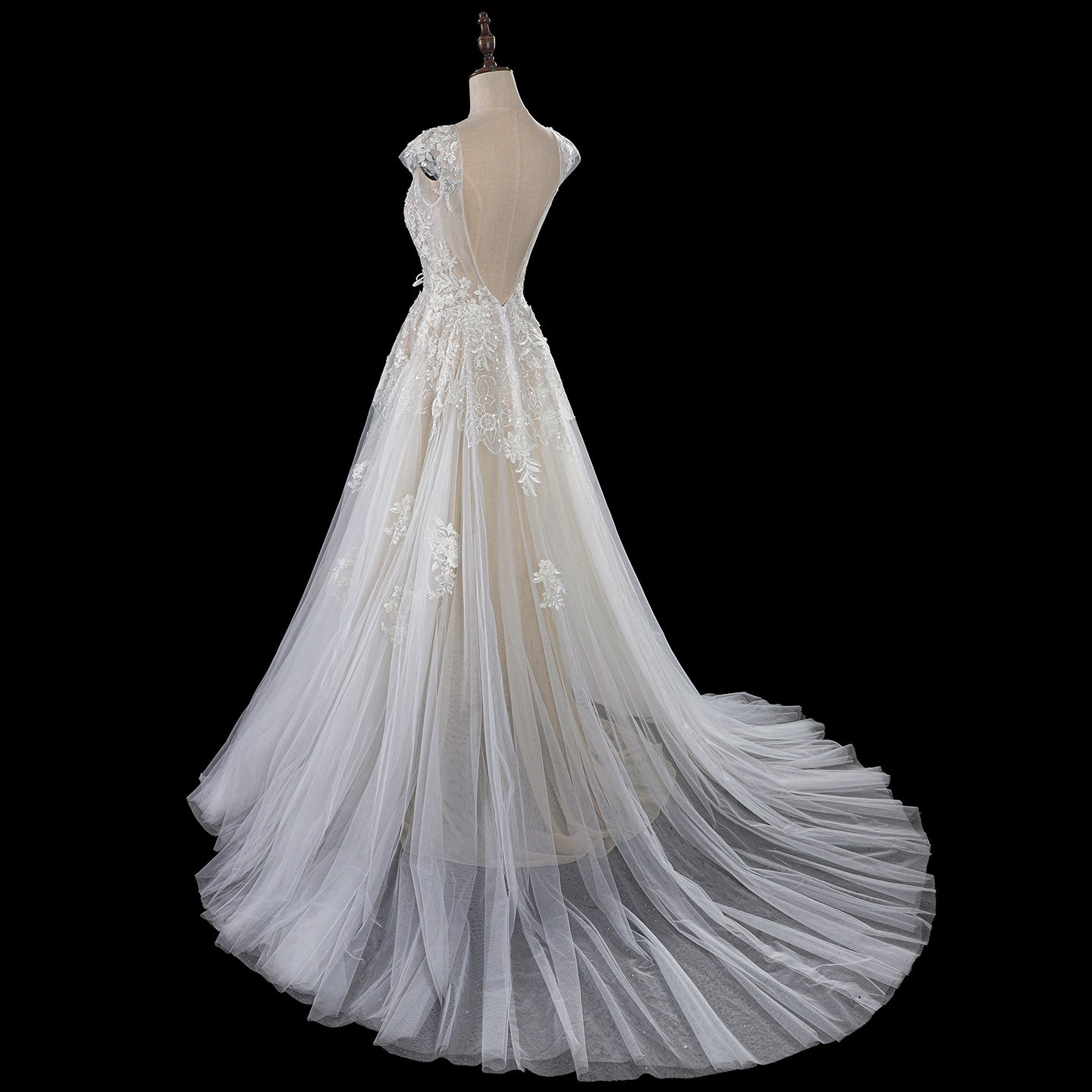 Luxury Lace A-Line Wedding Dress with V-Neck and Deep Illusion Back SW711 Sheer Fairy