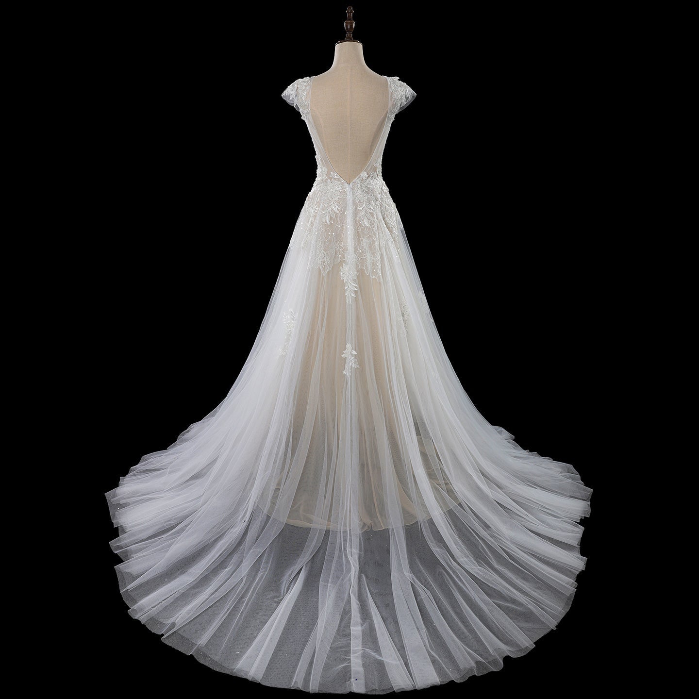 Luxury Lace A-Line Wedding Dress with V-Neck and Deep Illusion Back SW711 Sheer Fairy