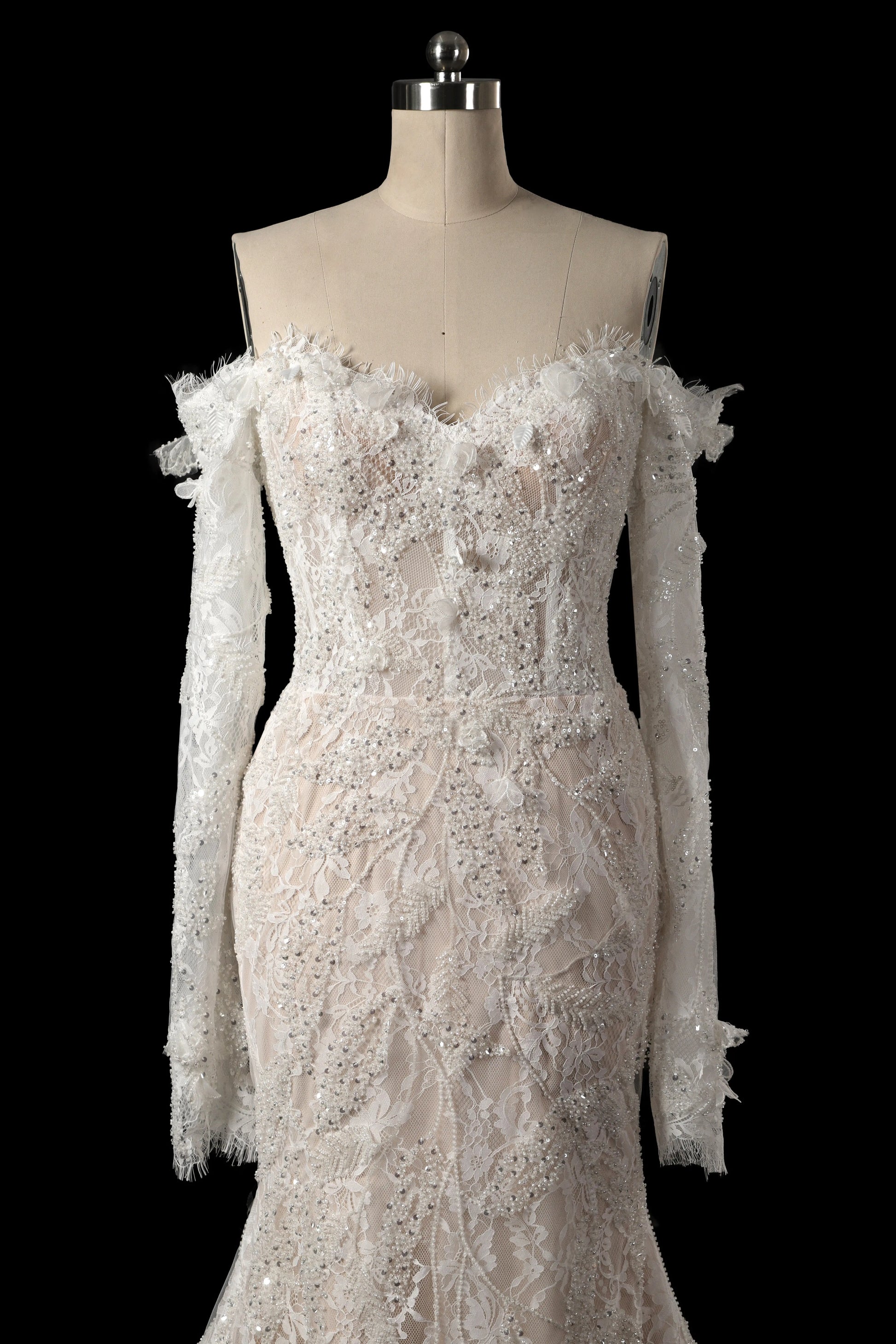 Ivory Lace Off-the-Shoulder Mermaid Wedding Dress with Train SW176 Sheer Fairy
