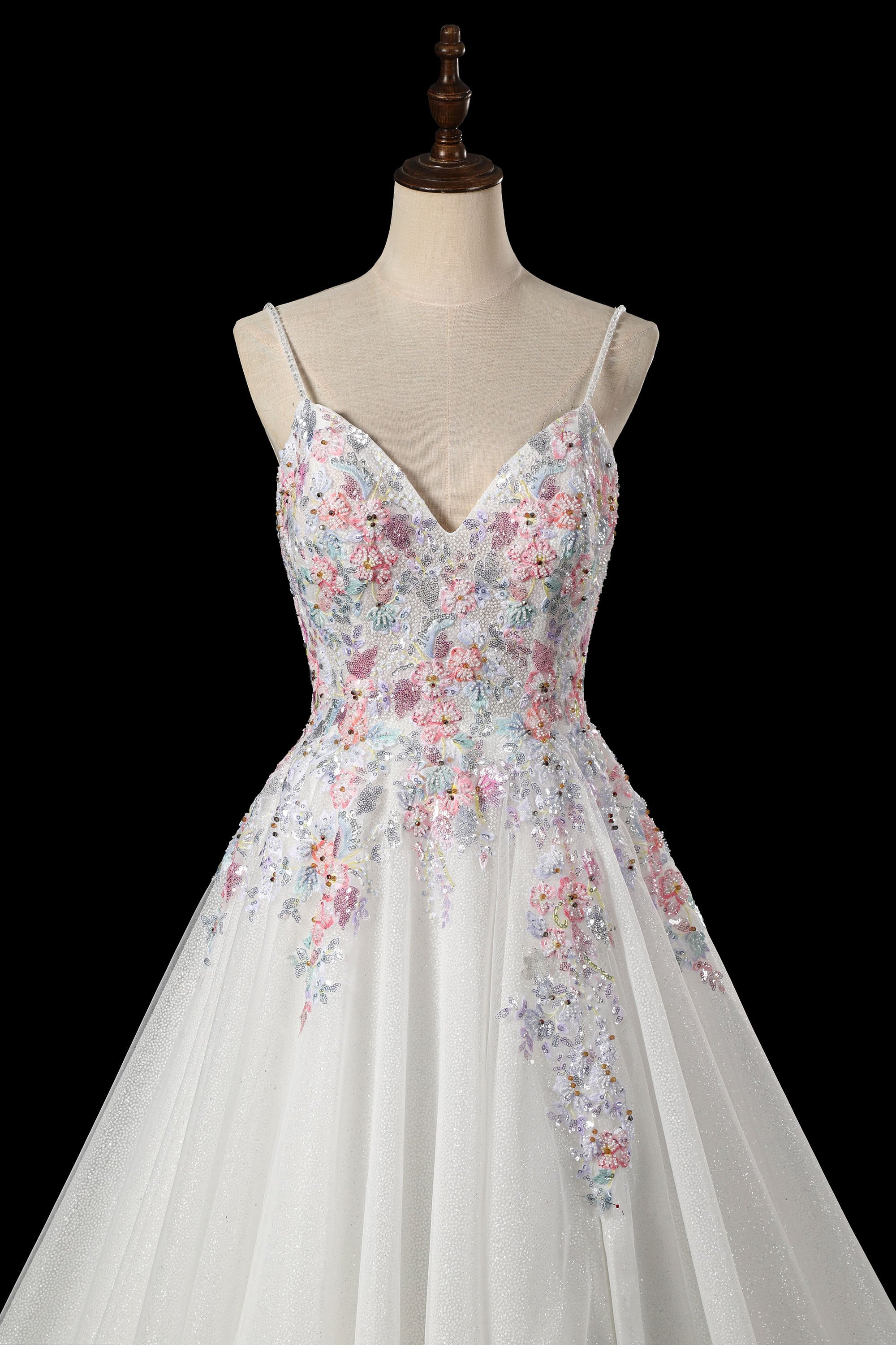 Spaghetti Strap Floral Embroidered Ball Gown Wedding Dress with Glitter Tulle SW704 Sheer Fairy