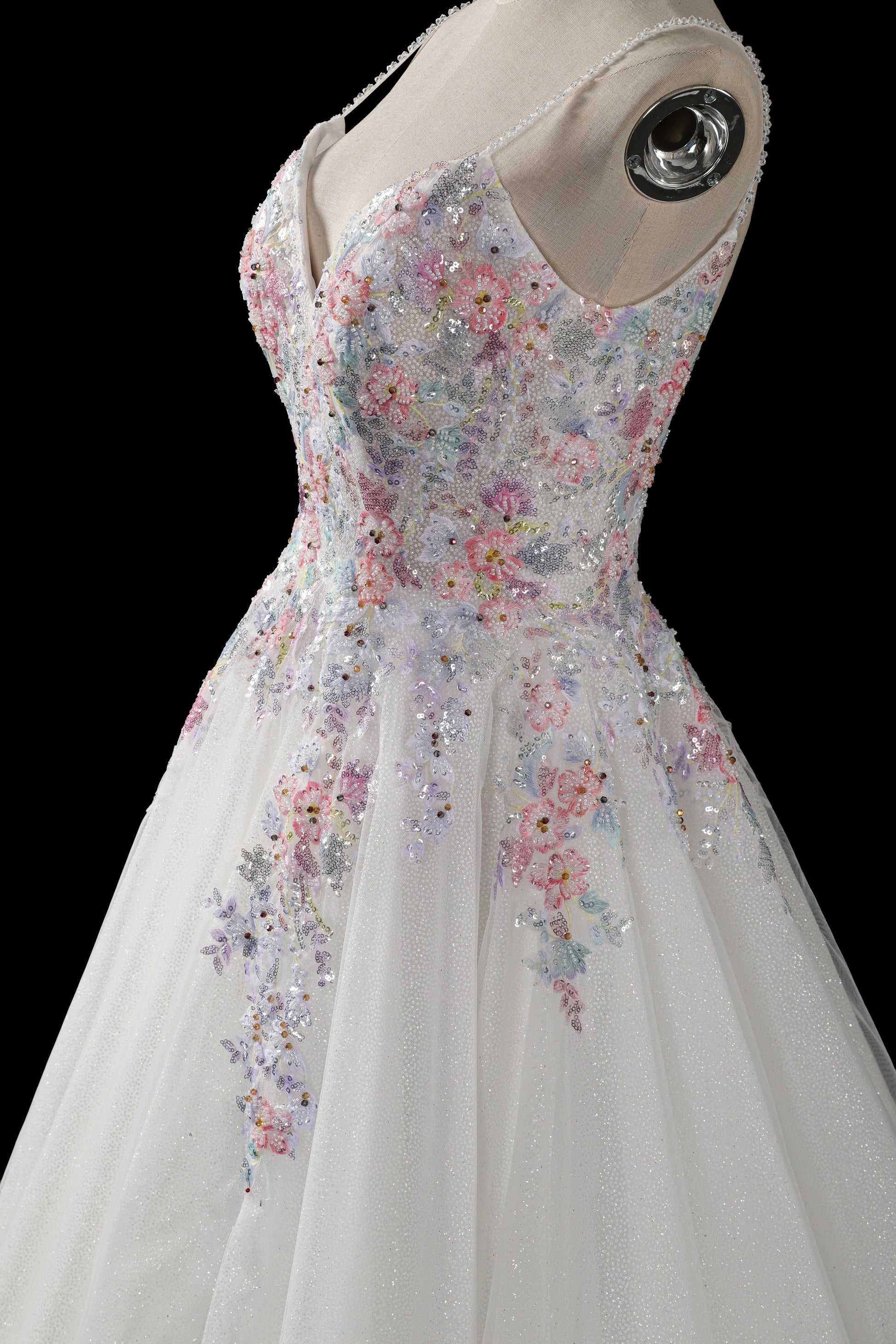 Spaghetti Strap Floral Embroidered Ball Gown Wedding Dress with Glitter Tulle SW704 Sheer Fairy