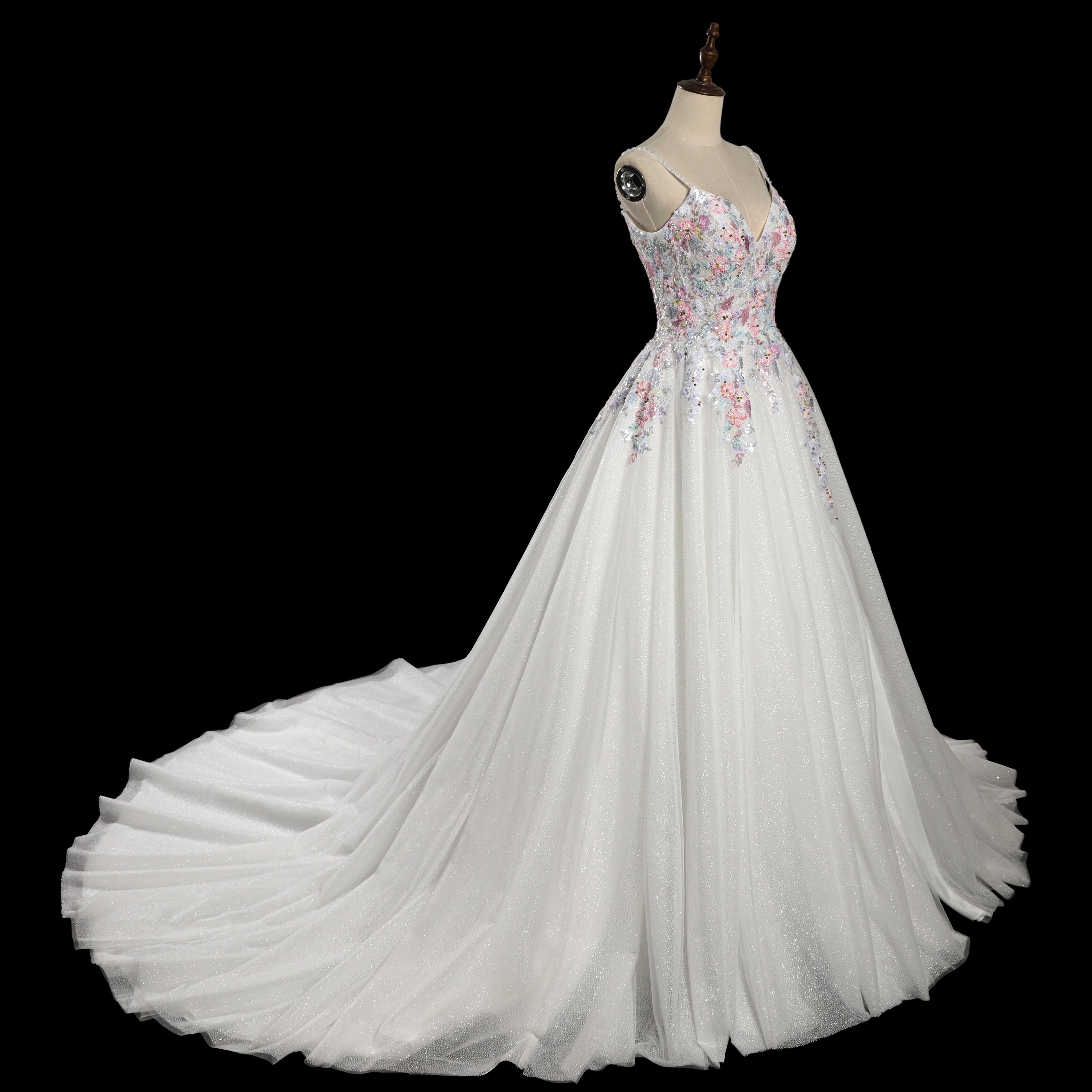 Spaghetti Strap Floral Embroidered Ball Gown Wedding Dress with Glitter Tulle SW704 Sheer Fairy