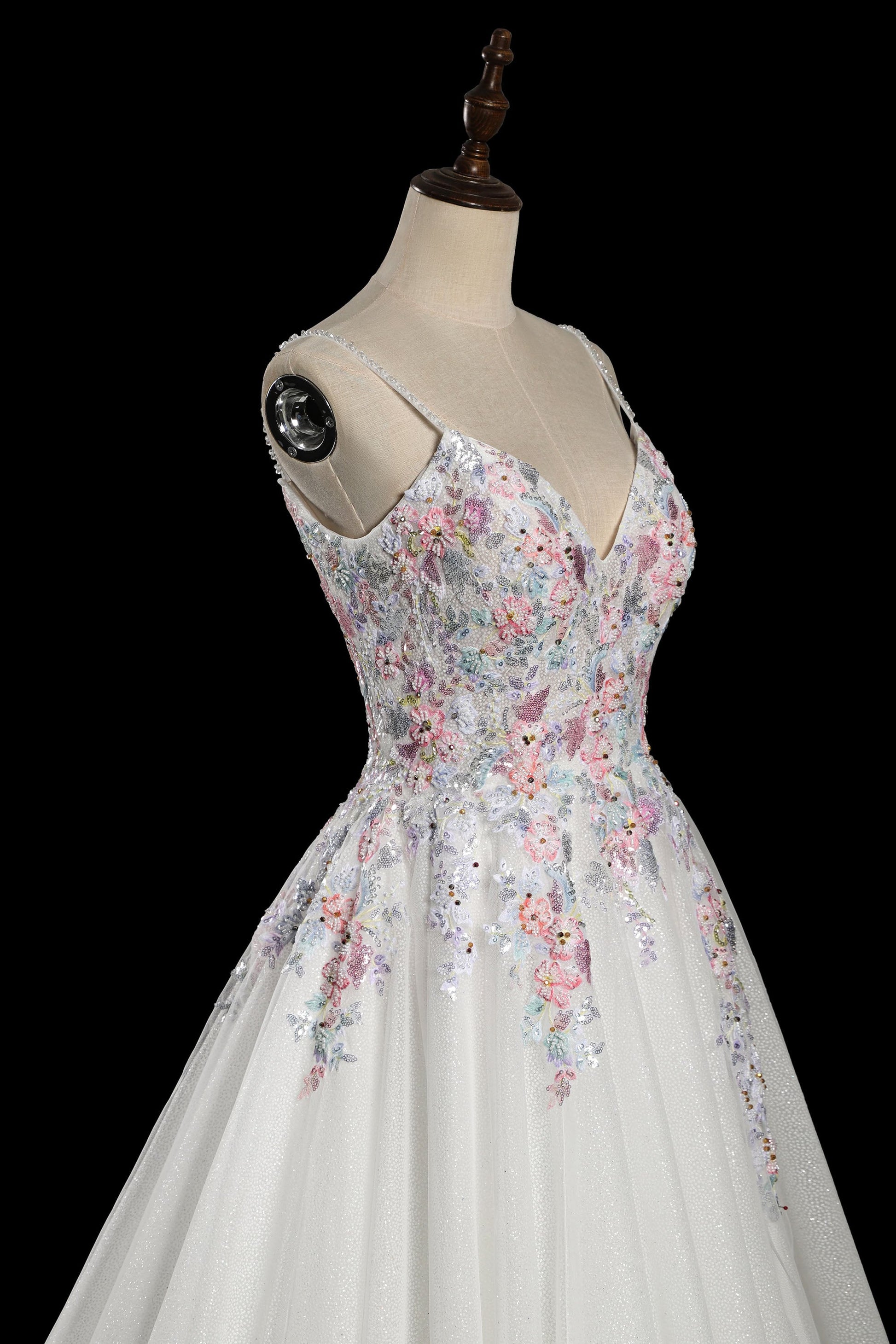 Spaghetti Strap Floral Embroidered Ball Gown Wedding Dress with Glitter Tulle SW704 Sheer Fairy