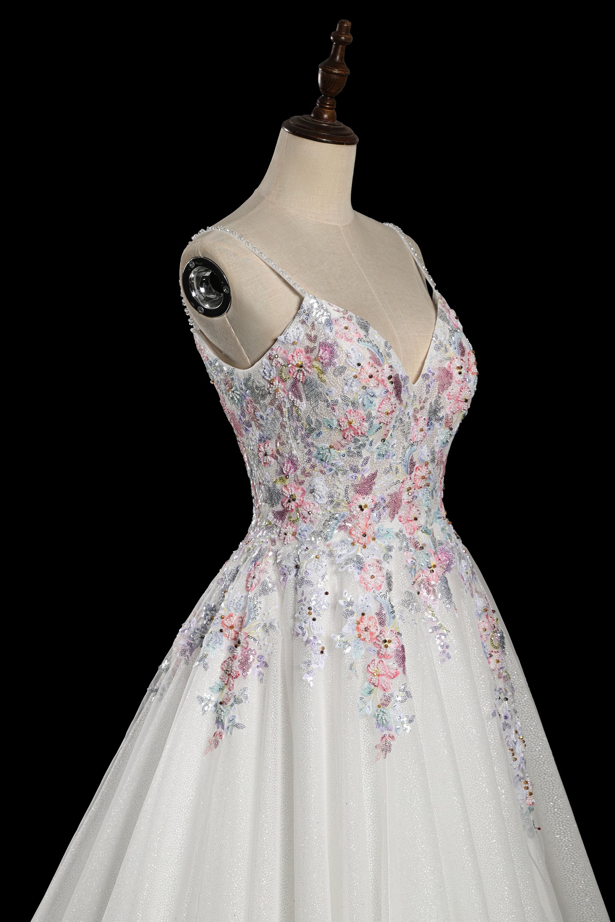 Spaghetti Strap Floral Embroidered Ball Gown Wedding Dress with Glitter Tulle SW704 Sheer Fairy