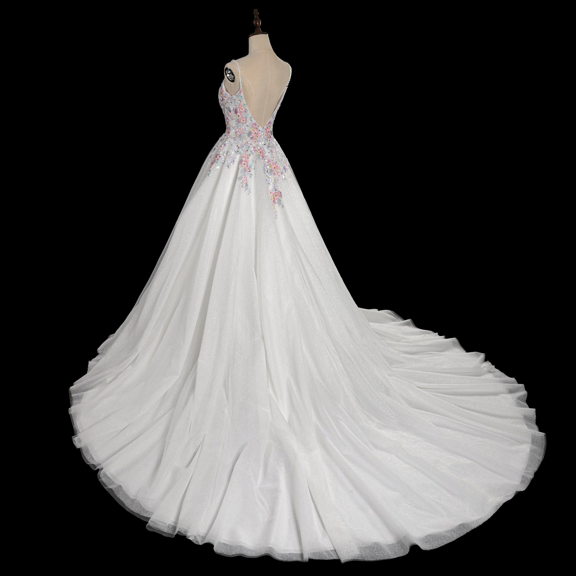 Spaghetti Strap Floral Embroidered Ball Gown Wedding Dress with Glitter Tulle SW704 Sheer Fairy