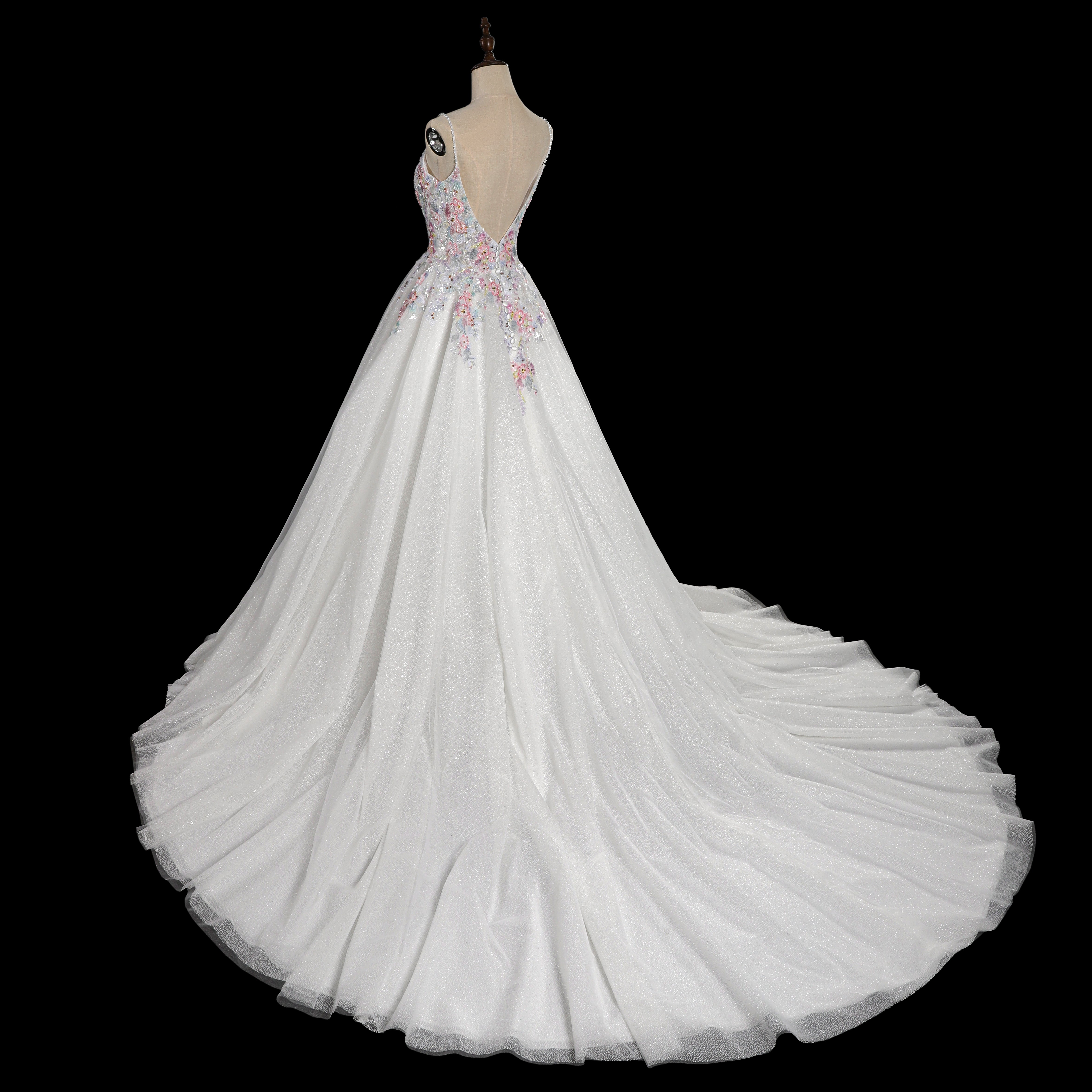 Spaghetti Strap Floral Embroidered Ball Gown Wedding Dress with Glitter Tulle SW704 Sheer Fairy