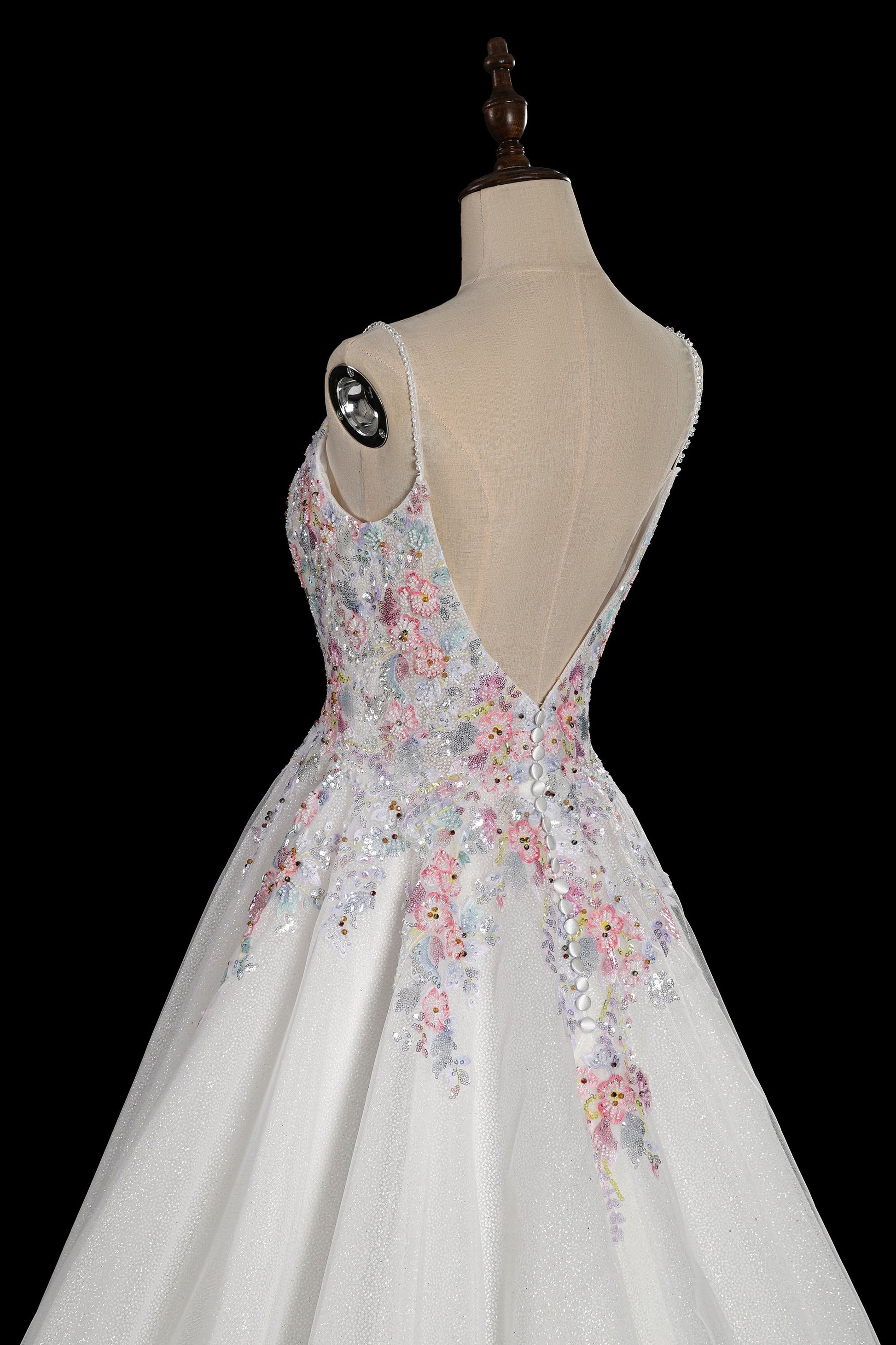 Spaghetti Strap Floral Embroidered Ball Gown Wedding Dress with Glitter Tulle SW704 Sheer Fairy