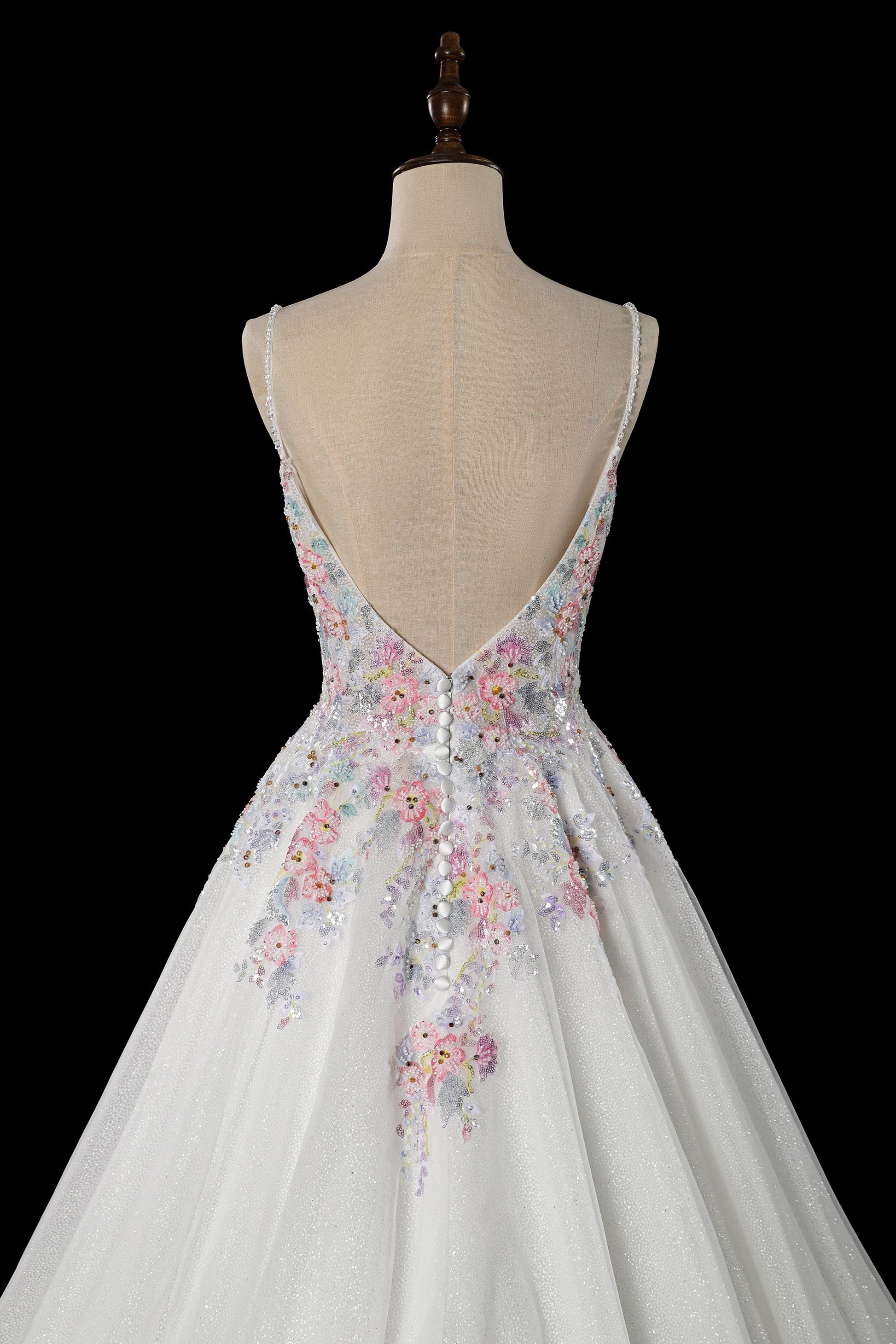 Spaghetti Strap Floral Embroidered Ball Gown Wedding Dress with Glitter Tulle SW704 Sheer Fairy