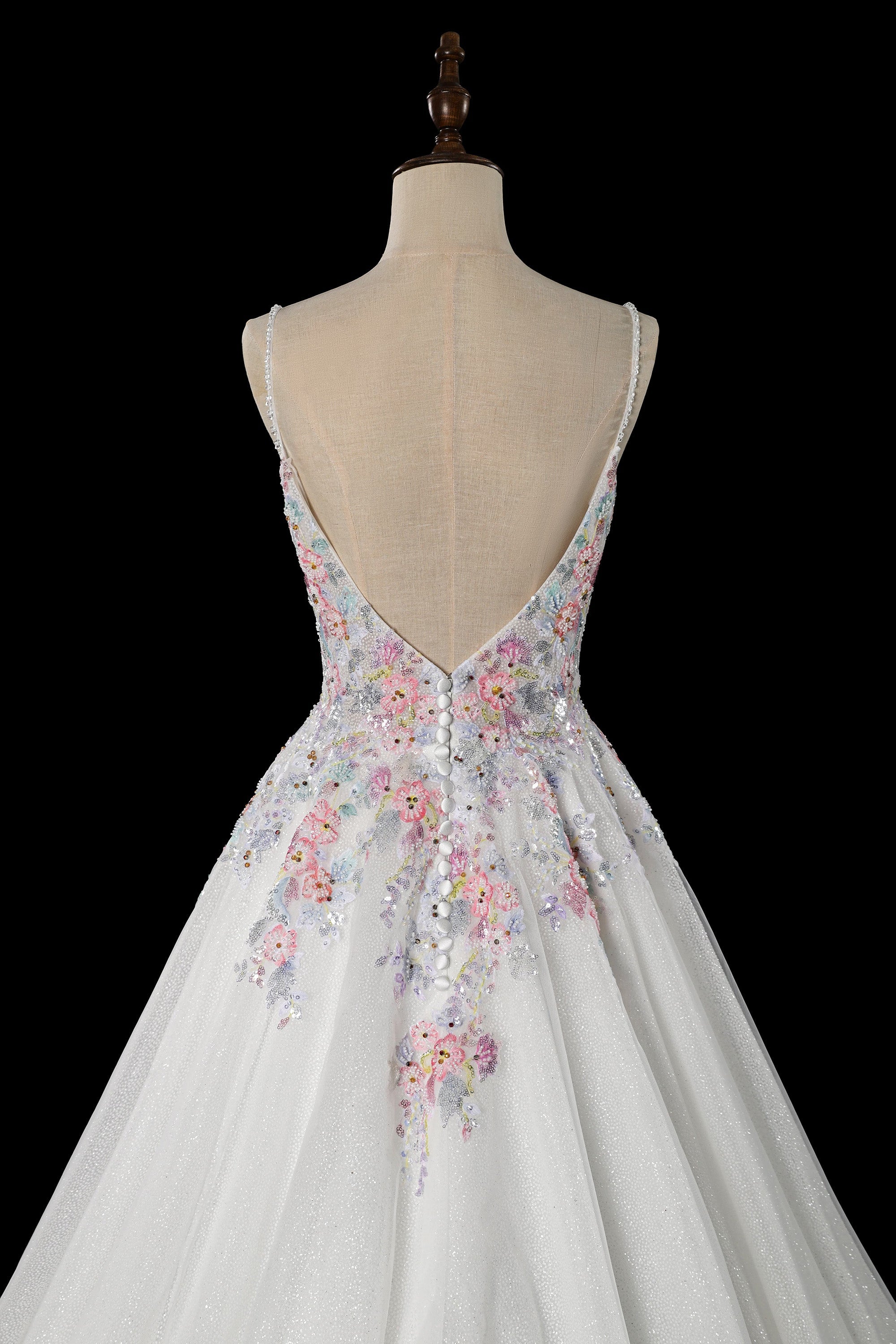 Spaghetti Strap Floral Embroidered Ball Gown Wedding Dress with Glitter Tulle SW704 Sheer Fairy