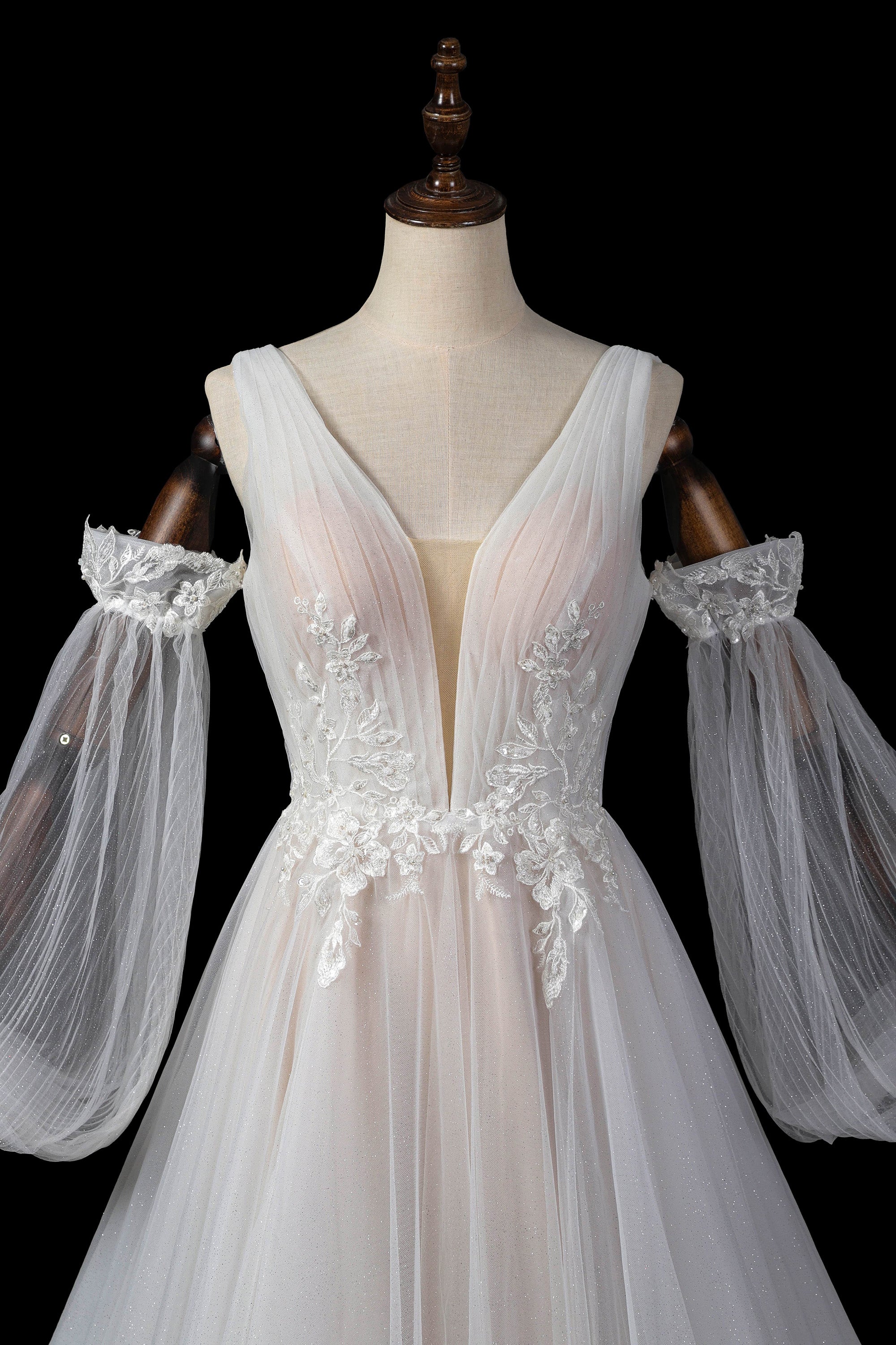 Glamorous Deep V-Neck Wedding Dress with Detachable Off-Shoulder Sleeves & Glitter Tulle Skirt SW708 Sheer Fairy