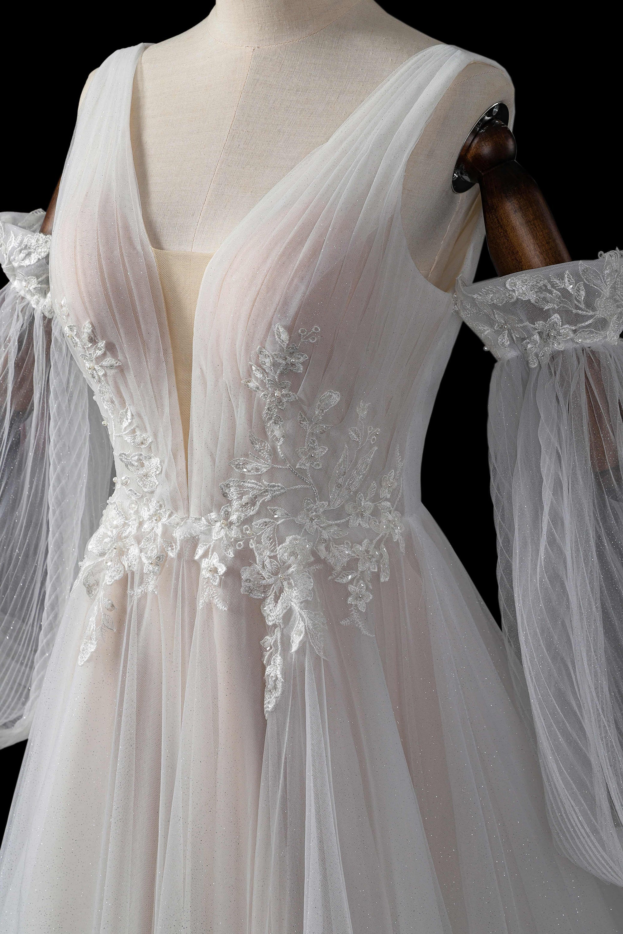 Glamorous Deep V-Neck Wedding Dress with Detachable Off-Shoulder Sleeves & Glitter Tulle Skirt SW708 Sheer Fairy