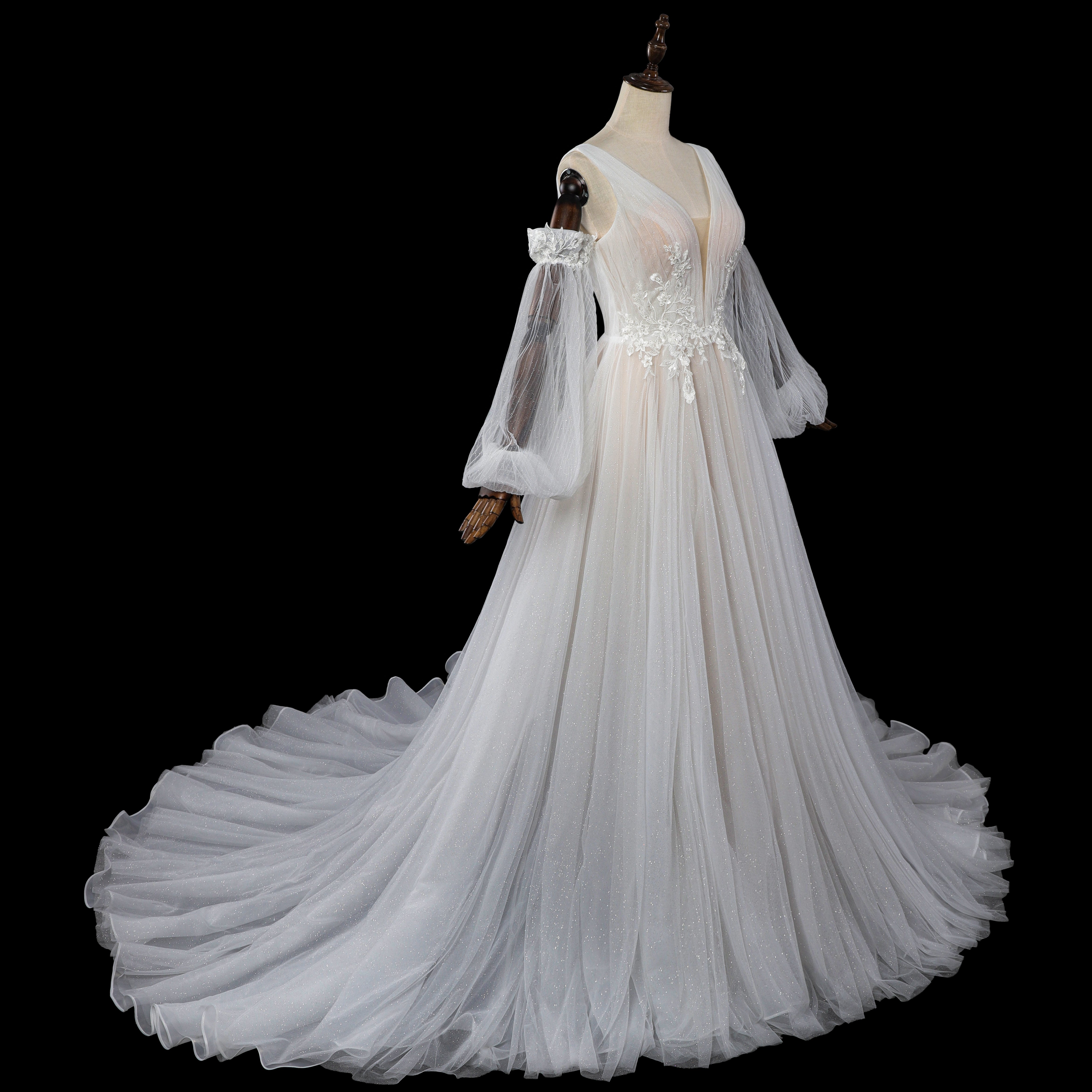 Glamorous Deep V-Neck Wedding Dress with Detachable Off-Shoulder Sleeves & Glitter Tulle Skirt SW708 Sheer Fairy