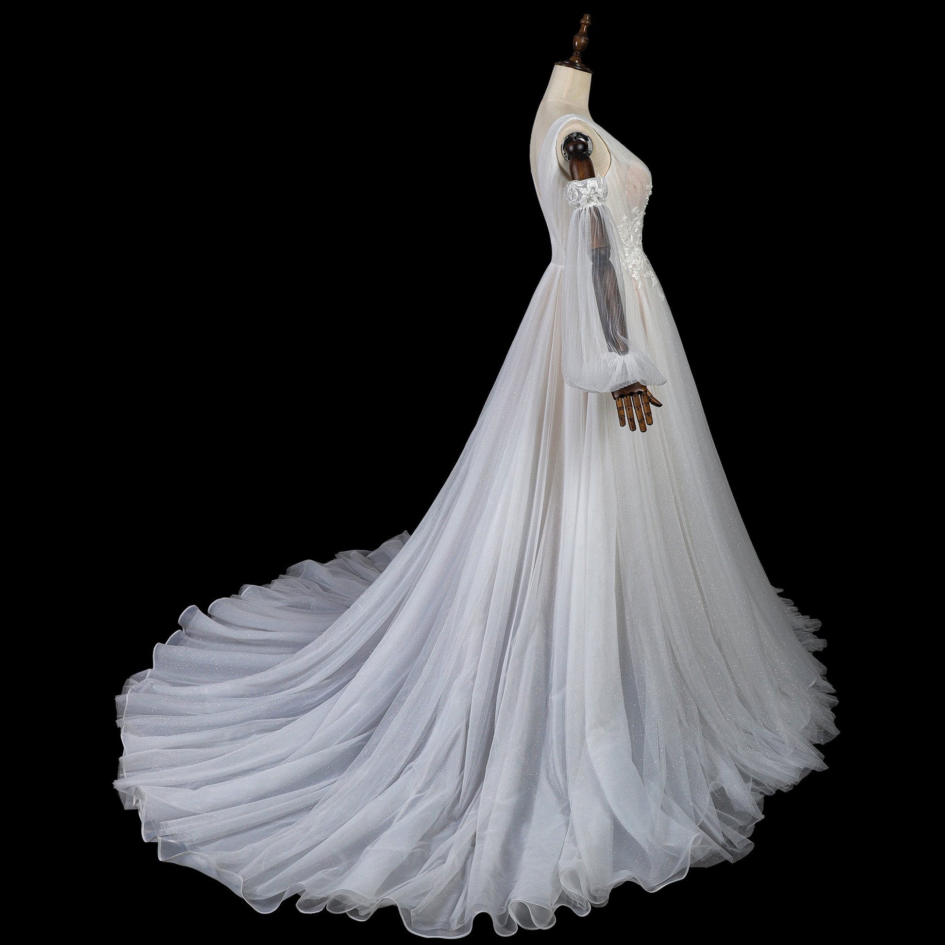 Glamorous Deep V-Neck Wedding Dress with Detachable Off-Shoulder Sleeves & Glitter Tulle Skirt SW708 Sheer Fairy