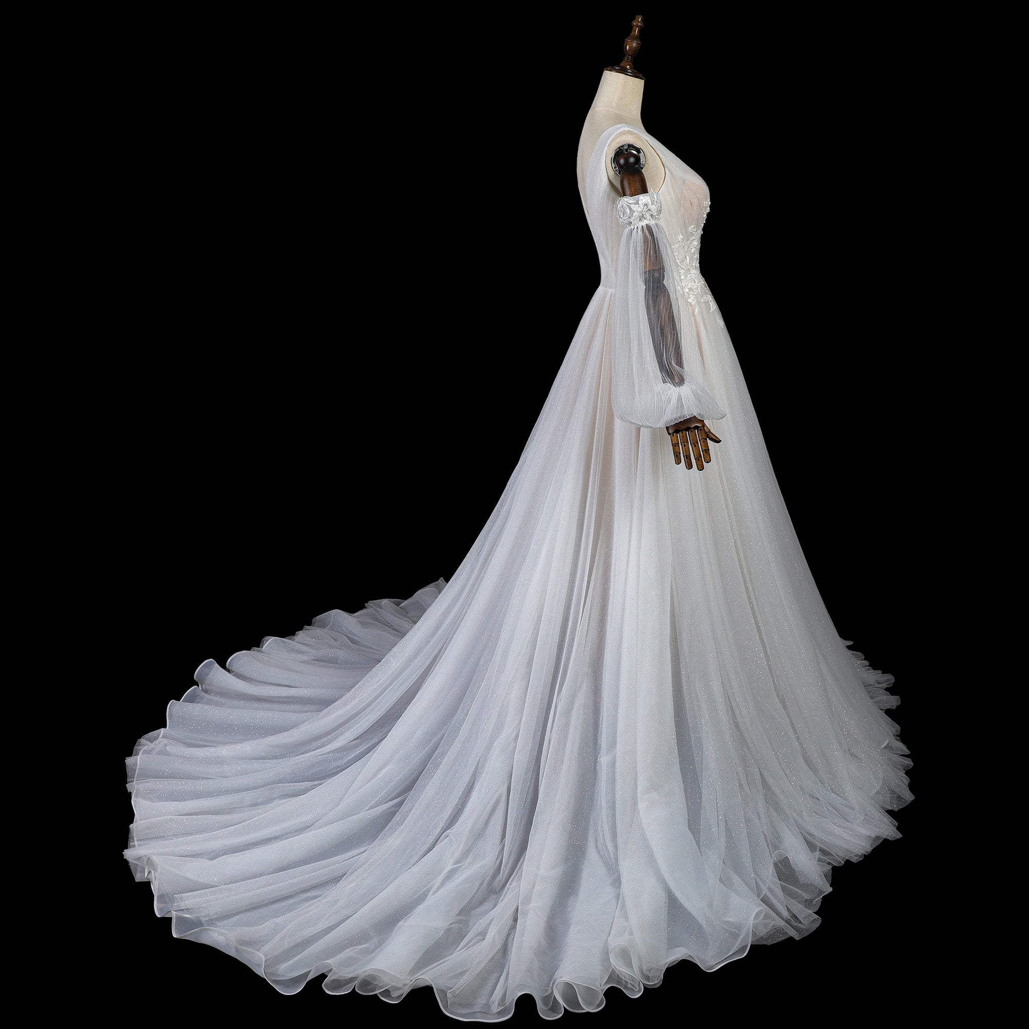 Glamorous Deep V-Neck Wedding Dress with Detachable Off-Shoulder Sleeves & Glitter Tulle Skirt SW708 Sheer Fairy